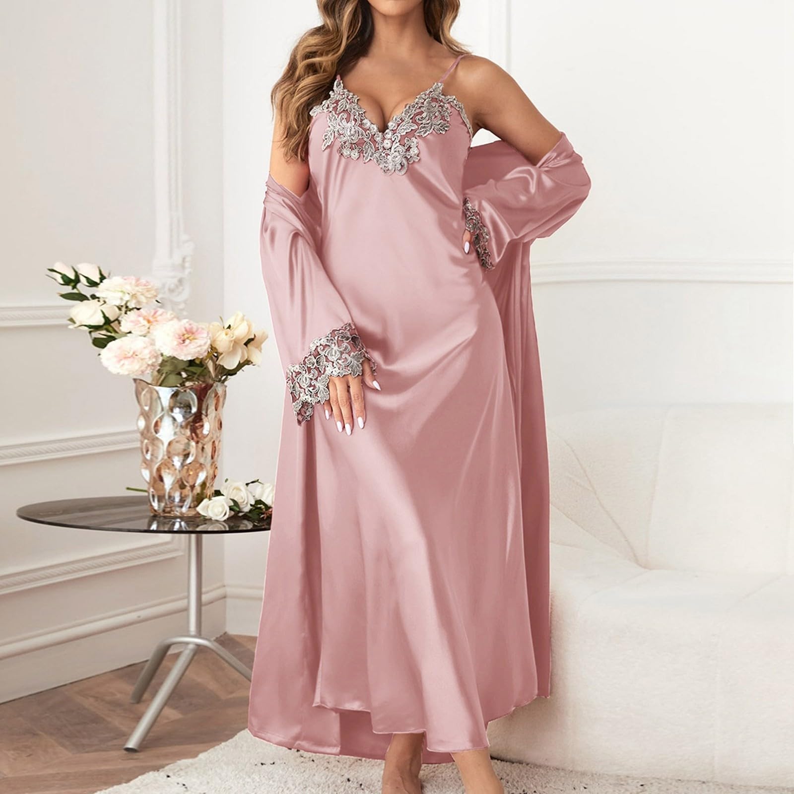 MILAX Damen Spitze Pyjama Nachtwäsche Unterwäsche Babydoll Kleid Kimono Negligee Seidenrobe Locker Schlafanzug Nachtwäsche Damen Morgenmantel Kimono Seidig Satin Nachtwäsche