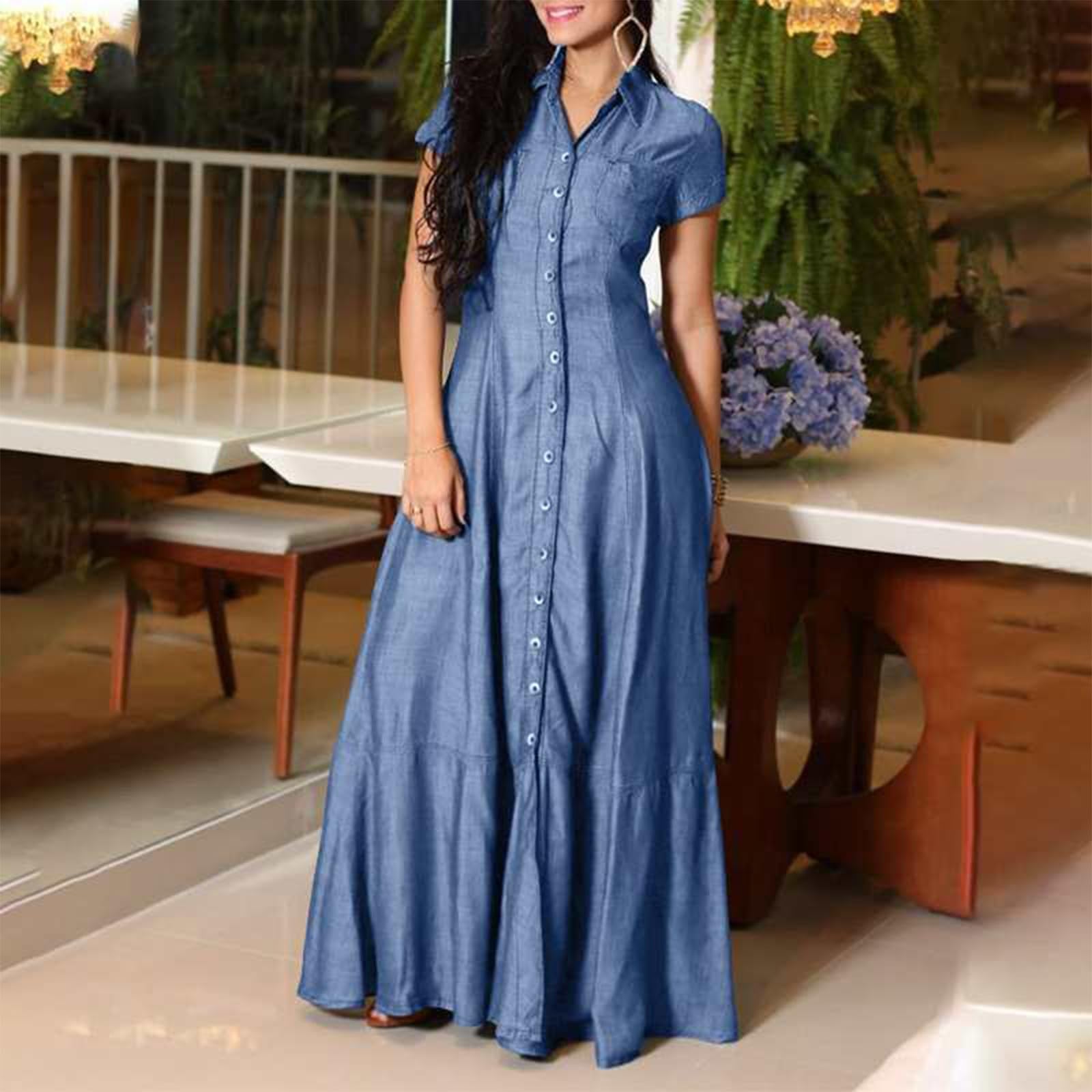 Jeanskleid Damen Lang Kurzarm Hemdkleid Mit Knopfleiste Sommerkleid A Linie Kleider Maxi Jeans Kleid Sommer Blusenkleid Elegant V Ausschnitt Maxikleid Denim Sommerkleider Frauen Leicht Luftig