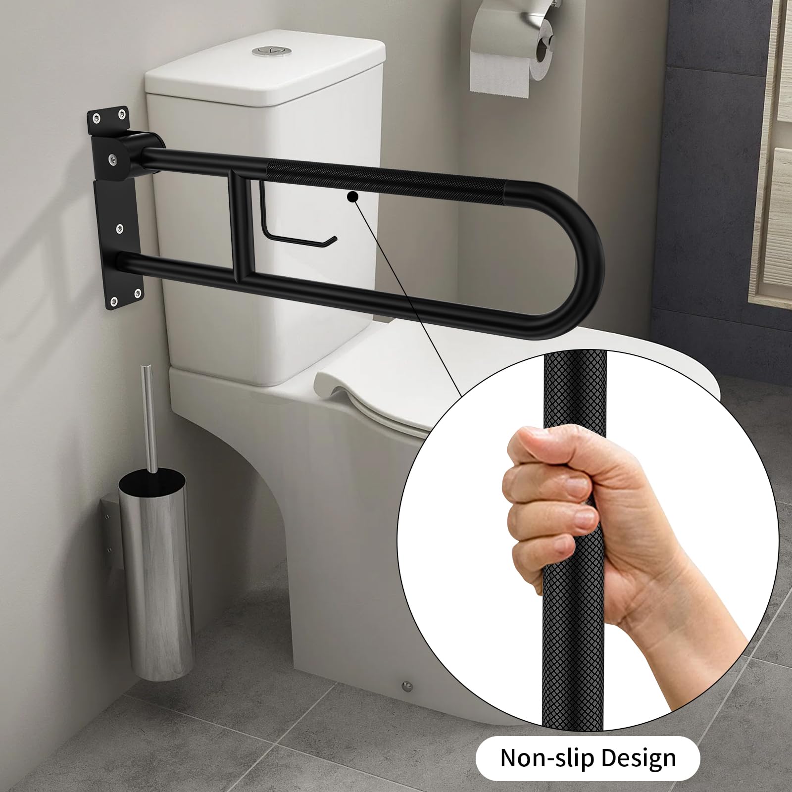 ZUEXT Maniglia per WC ribaltabile a forma di U, 80 cm, con porta carta | Corrimano di sicurezza antiscivolo pieghevole per bagno, in acciaio inox, per anziani, disabili, incinte