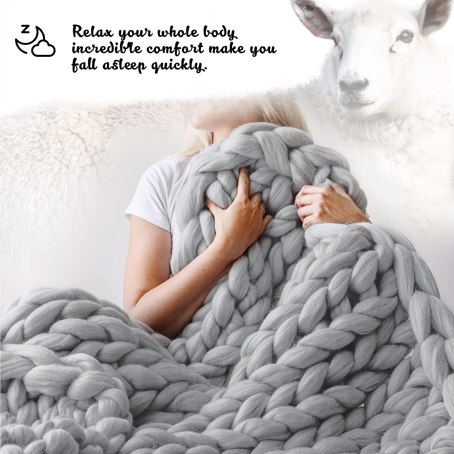 Ganlinia Chunky Knit Blanket Merino Wool Blend Giant Yarn Soft Cable Knitted Throw Handmade Home Decorate, Grey, 60"x80"