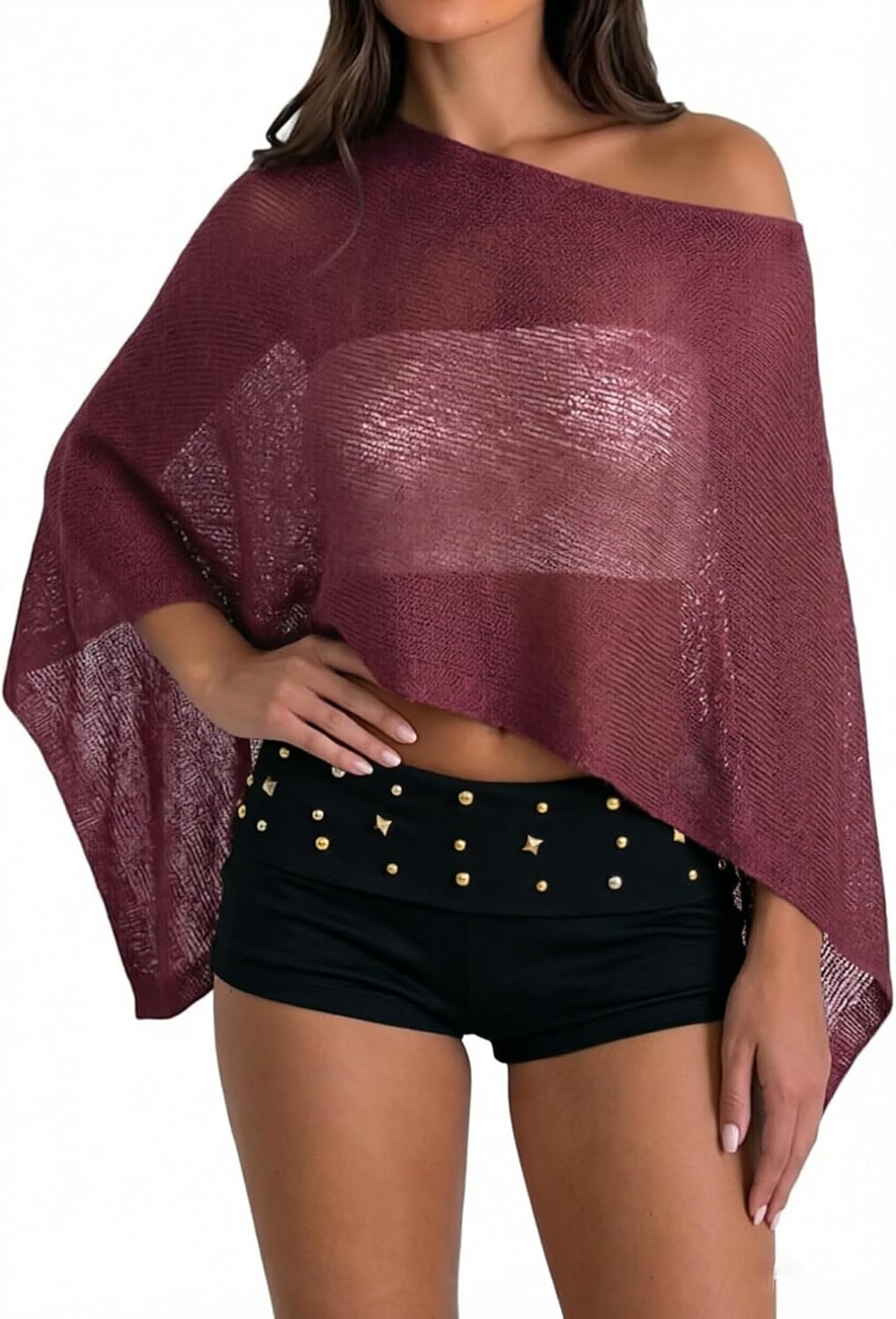 Women Sheer Poncho Top Y2k Knitted Crochet Mesh Shawl Summer Beach Cover Up