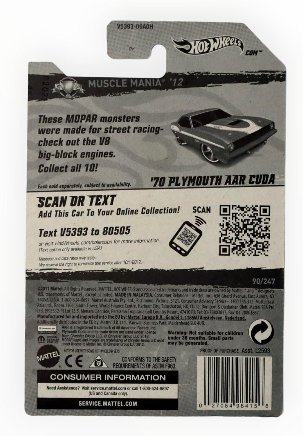 Hot Wheels 10/10 Muscle Mania Mopar 12 70 Plymouth AAR Cuda 90/247 by Mattel