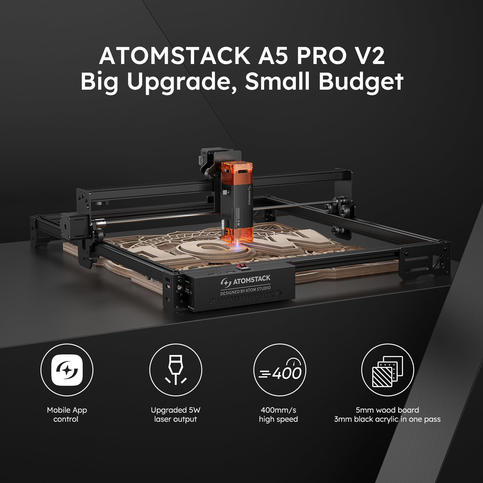 ATOMSTACK A5 PRO V2彫刻機 、カッター、5Wパワー、0.06*0.06mmスポット、400m/s、410*380mm作業エリア、全アルミニウム合金構造、アプリコントロール、簡単組立、304ステンレス彫刻 (彫刻機) [並行輸入品]