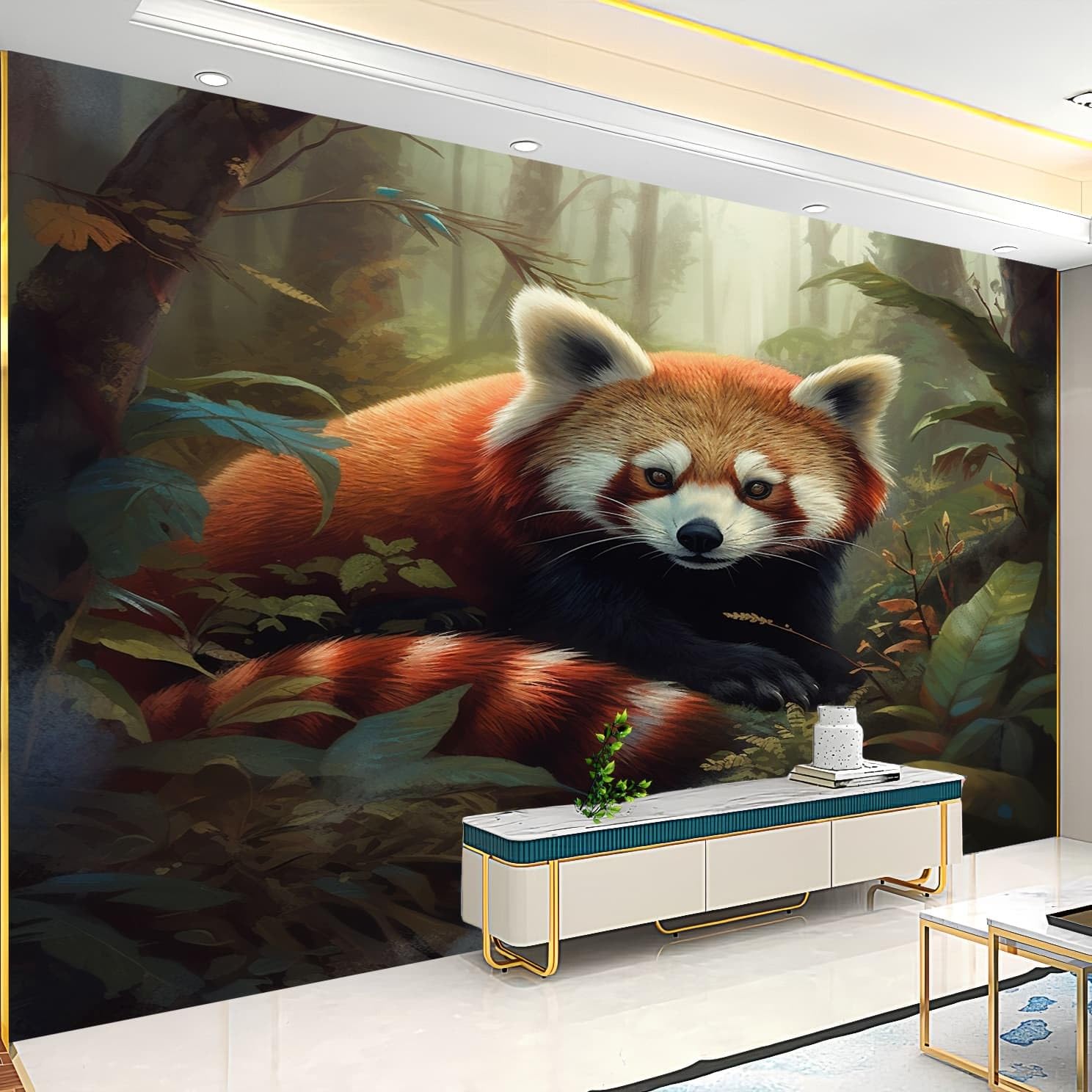 Fototapeta 300 x 210 cm Dżungla Zwierzęta Panda Czerwony Liść Tapeta Ścienna Efekt 3D Włókniny Zielony Mural Sypialnia Salon Tło TV i Sofa