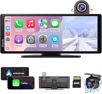 Wireless Carplay & Android Auto with Dash Cam - 10.26 Inch HD IPS Touch Car Play Screen for Car, 4K Front & 1080P Rear Camera, Loop Recording, Bluetooth Audio, Mirror Link, GPS, Siri