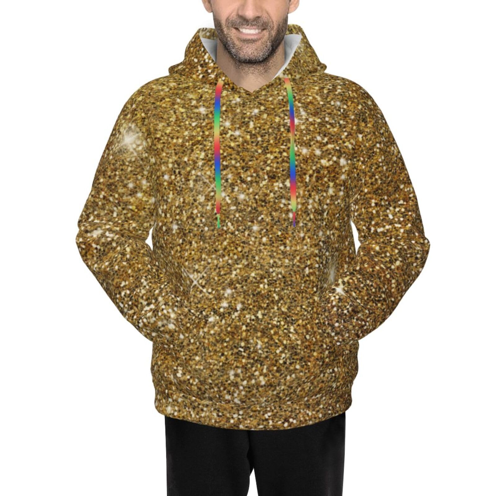 Asbwuo Unisex As Pic Gold Glitter Sparkle Glittery Sparkly Men's Hoodies Loose Cozy Novelty 3D Printed Casual Sweatshirts With Pockets