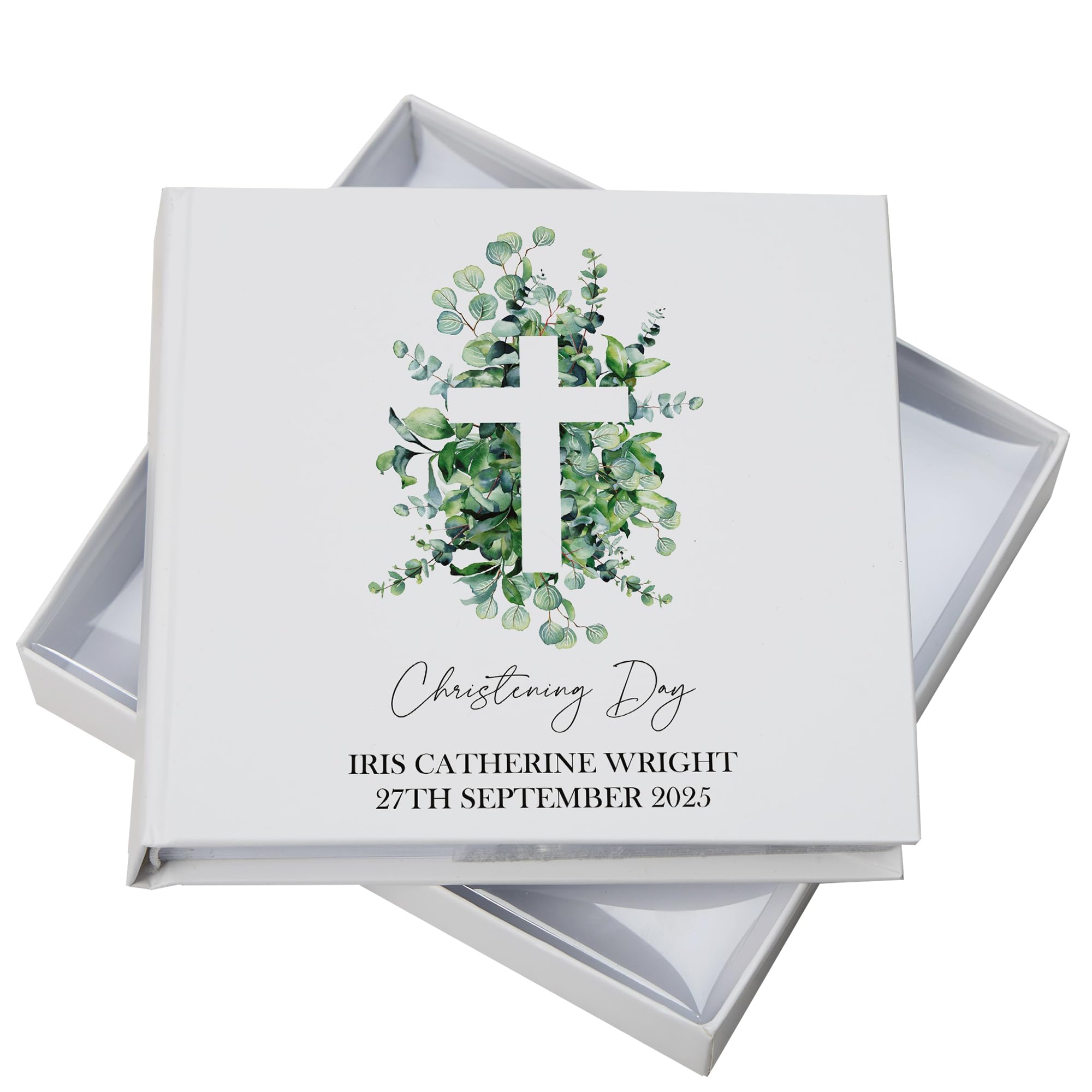 Ukgiftstoreonline White Personalised Christening Photo Album Gift With Cross And Eucalyptus