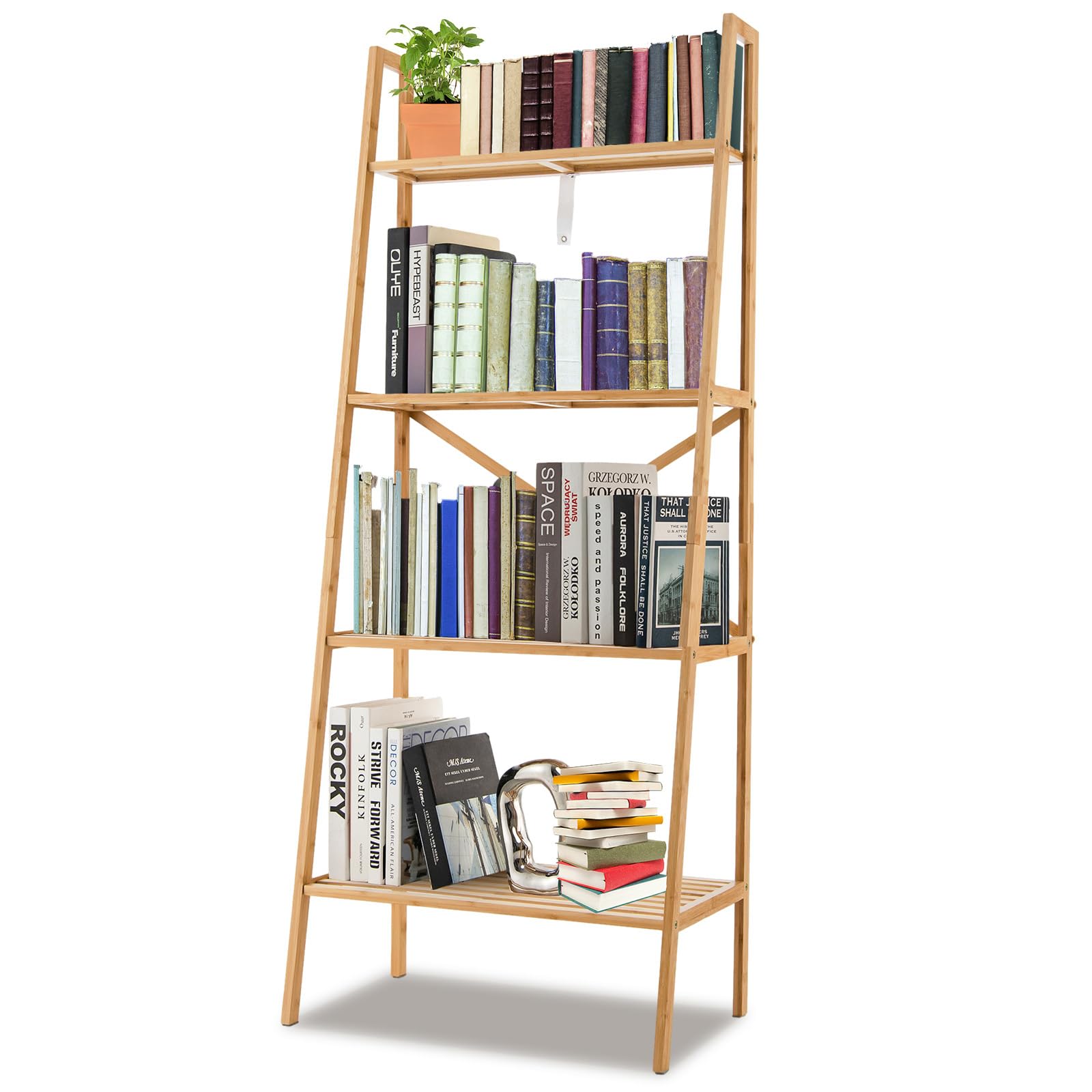 HOMASIS Étagère multifonctionnelle en bambou, porte-livres, 4 niveaux, 60 x 35,5 x 148 cm, naturel