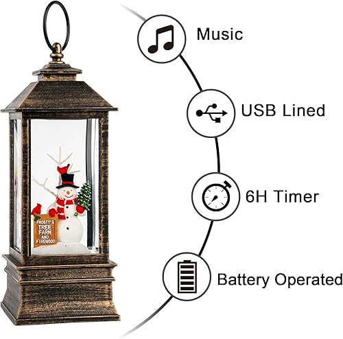 Miniatura 5 de Globo de nieve de Navidad con agua brillante de muñeco de nieve con música y temporizador, linterna iluminada con pilas para regalos de decoración