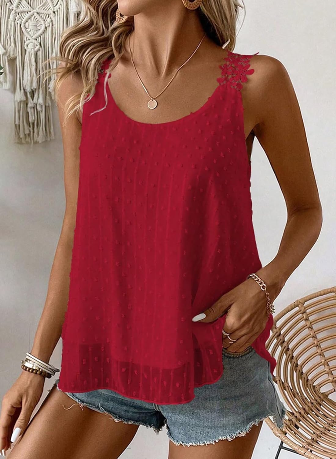 Womens Tank Tops Flowy Sleeveless Summer Boho Tank Top for Women Casual Crewneck Strap Lace Camisole Shirts - Image 6