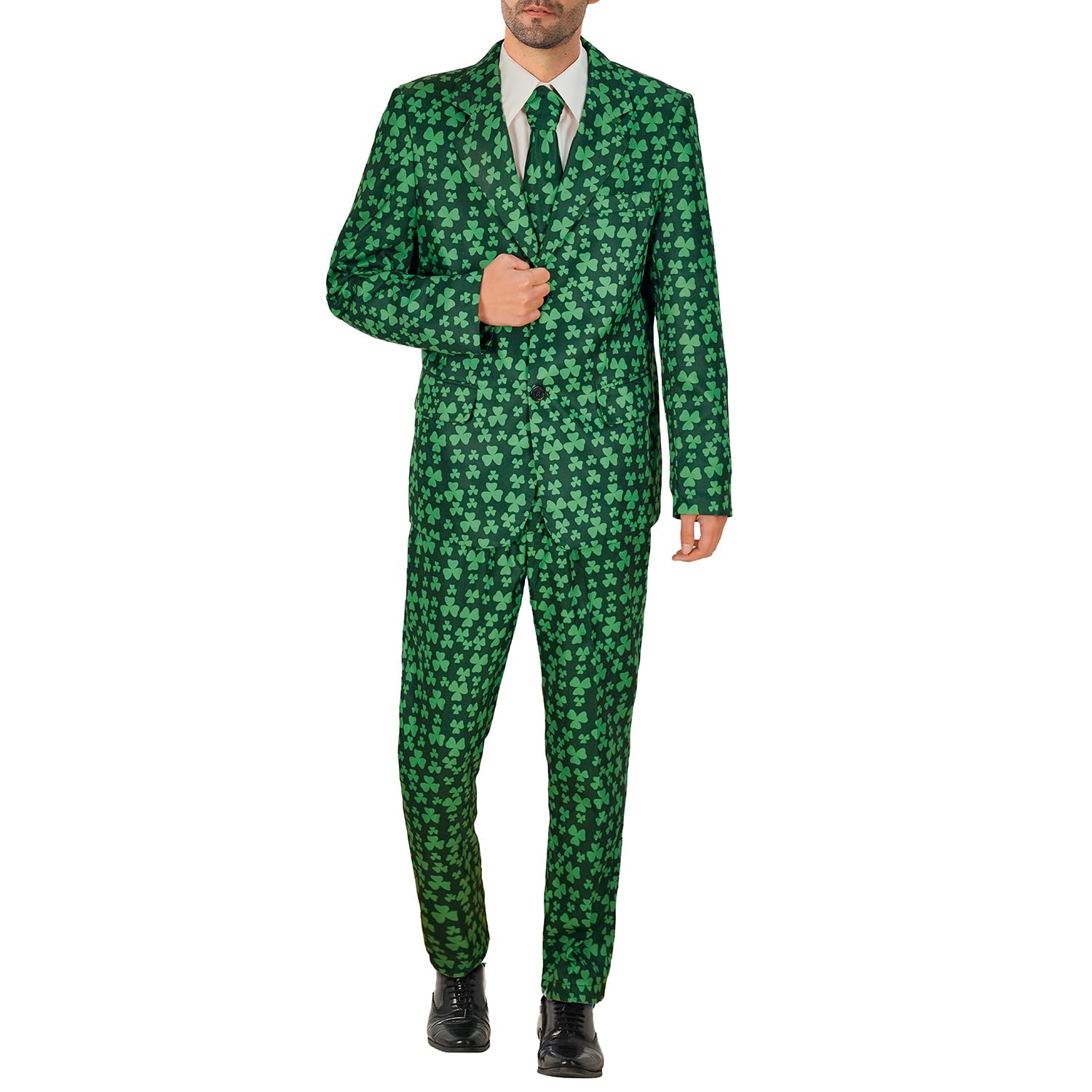 Men's St. Patrick's Day Suit 3 Piece Set Green Clover Printed Button Closure Suit-image-5