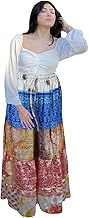 Mogul Interior Women's Blue & Red Patchwo097534826428rk Maxi Skirt – Boho Flared Skirt S/M/L