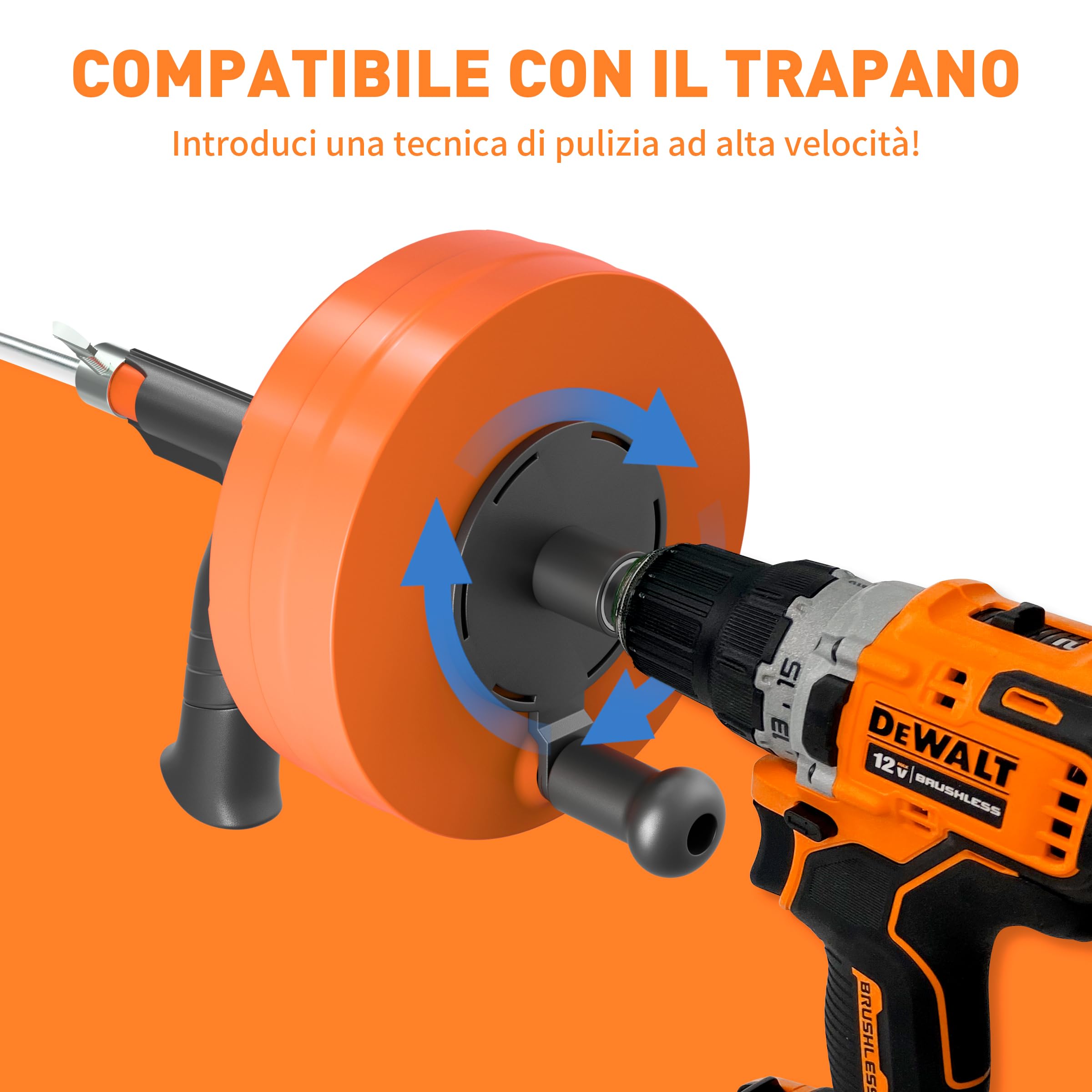 BACOENG Sonda Sturatubi 15 M, Molla Sturatubi Professionale per Lavandini e Scarichi, Sonda Idraulica Flessibile per Cucina, Bagno, WC, Arancione