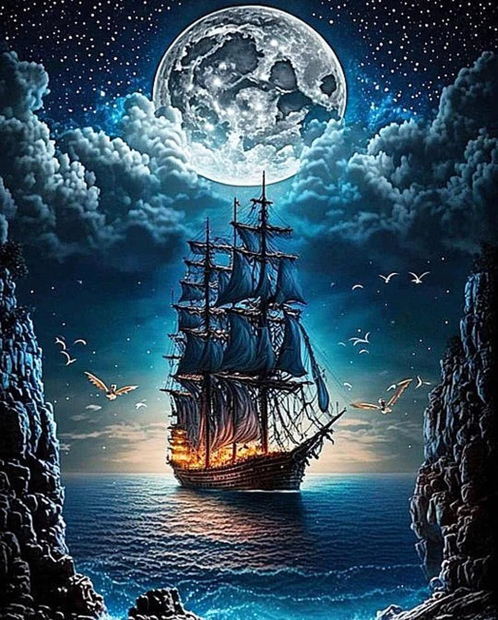 TREXEE DIY 5D Diamond Painting Kits for Adults Kids Beginner, DIY Painting by Numbers DIY Steamship Moon, Full Round Drill Gem Art Kits, DIY Paint by Numbers Kit Home Wall Decor 12x16 inch-image-25