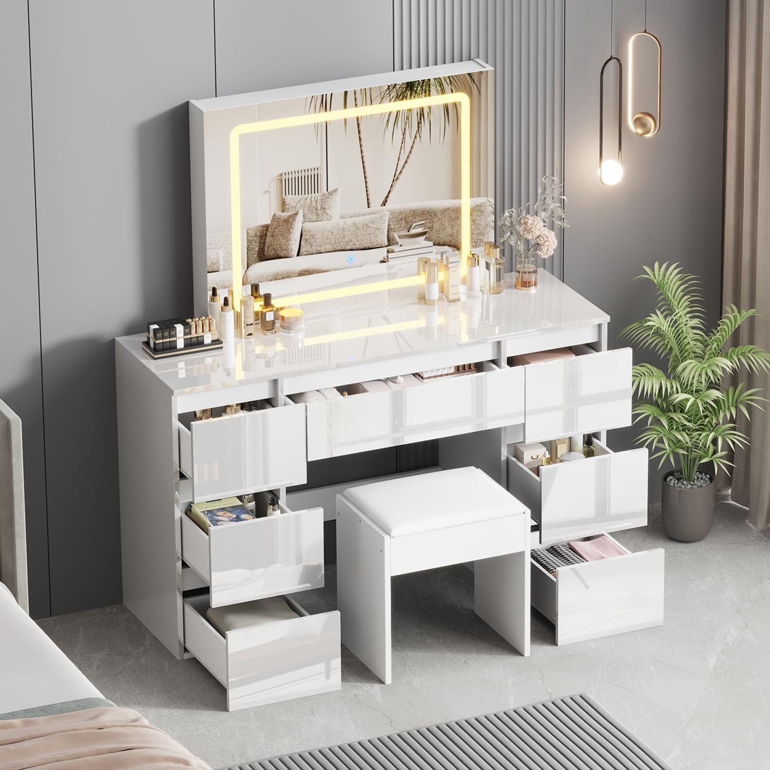 Schminktisch mit LED Beleuchtung, Hochglanz, 7 Schubladen, Weiß | Hochwertiger Stuhl mit Soft Pad, Für Schlafzimmer, Wohnzimmer, Friseur, Umkleidezimmer