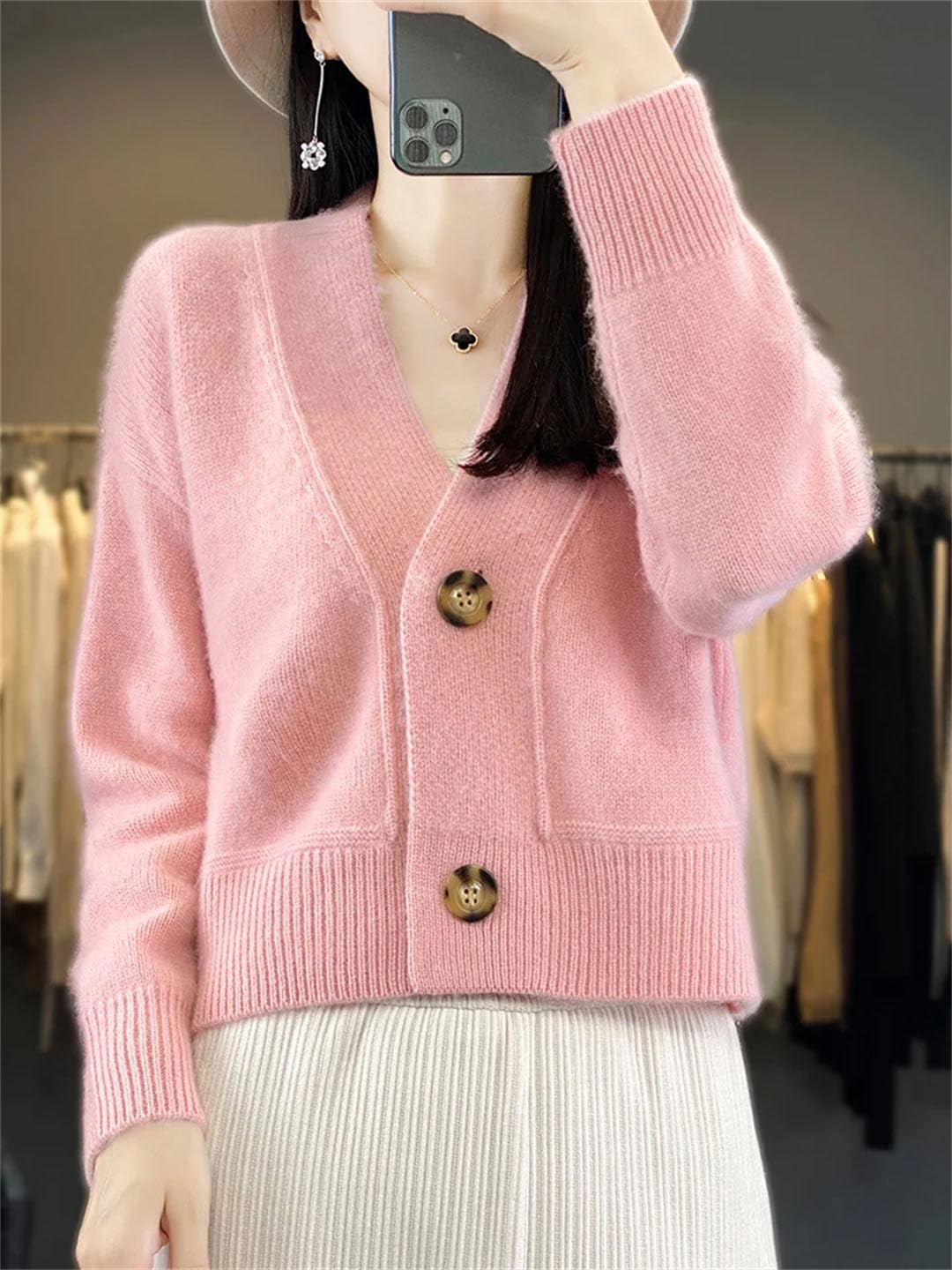 Damen Wolle Cardigan V-Ausschnitt Langarm Kaschmir Strickwaren Herbst Winter Pullover Vintage Tops