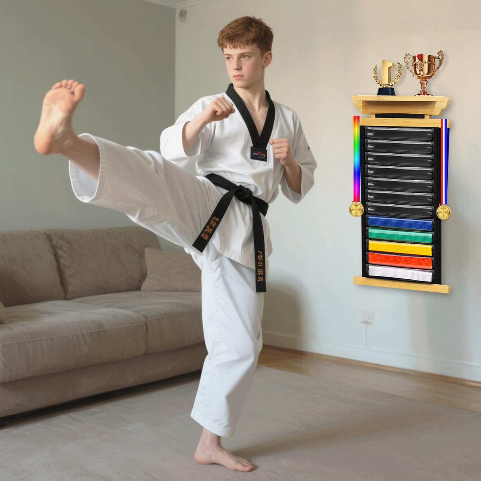 Espositore per cintura da karate, in legno, per 12 cinture da taekwondo, trofeo, con copertura antipolvere e adesivi, per adulti