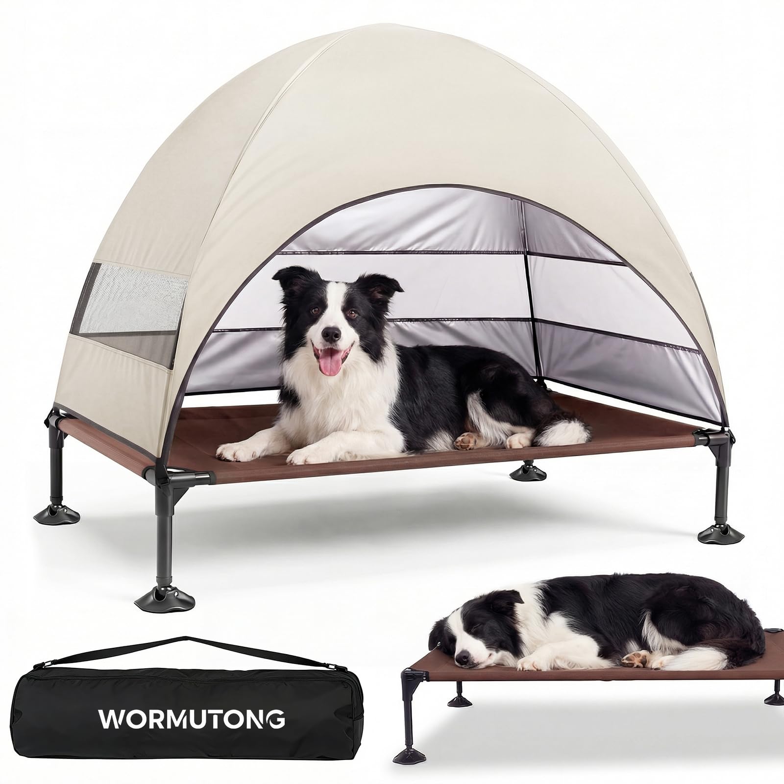 Elevated Outdoor Dog Bed with Canopy, Raised Dog Cot with Stable Adjustable Feet, Dog Camping Bed with Larger Shade, Lifted Dog Tent Bed with Canopy for Outside (Beige, Large)