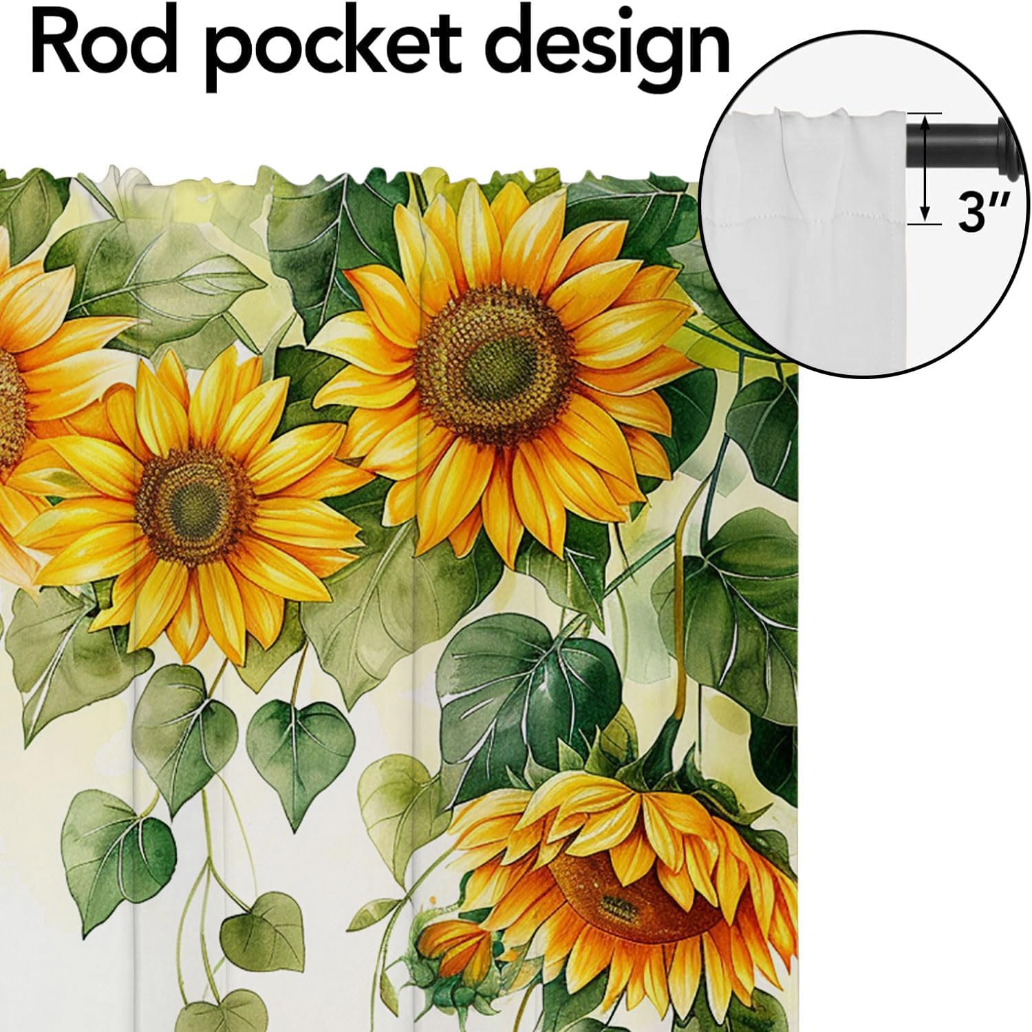 Sunflower Heat Insulation Curtain Summer Watercolor Yellow Floral Semi Blackout Rod Pocket Curtain Set for Bedroom Living Room 55x63 Inch