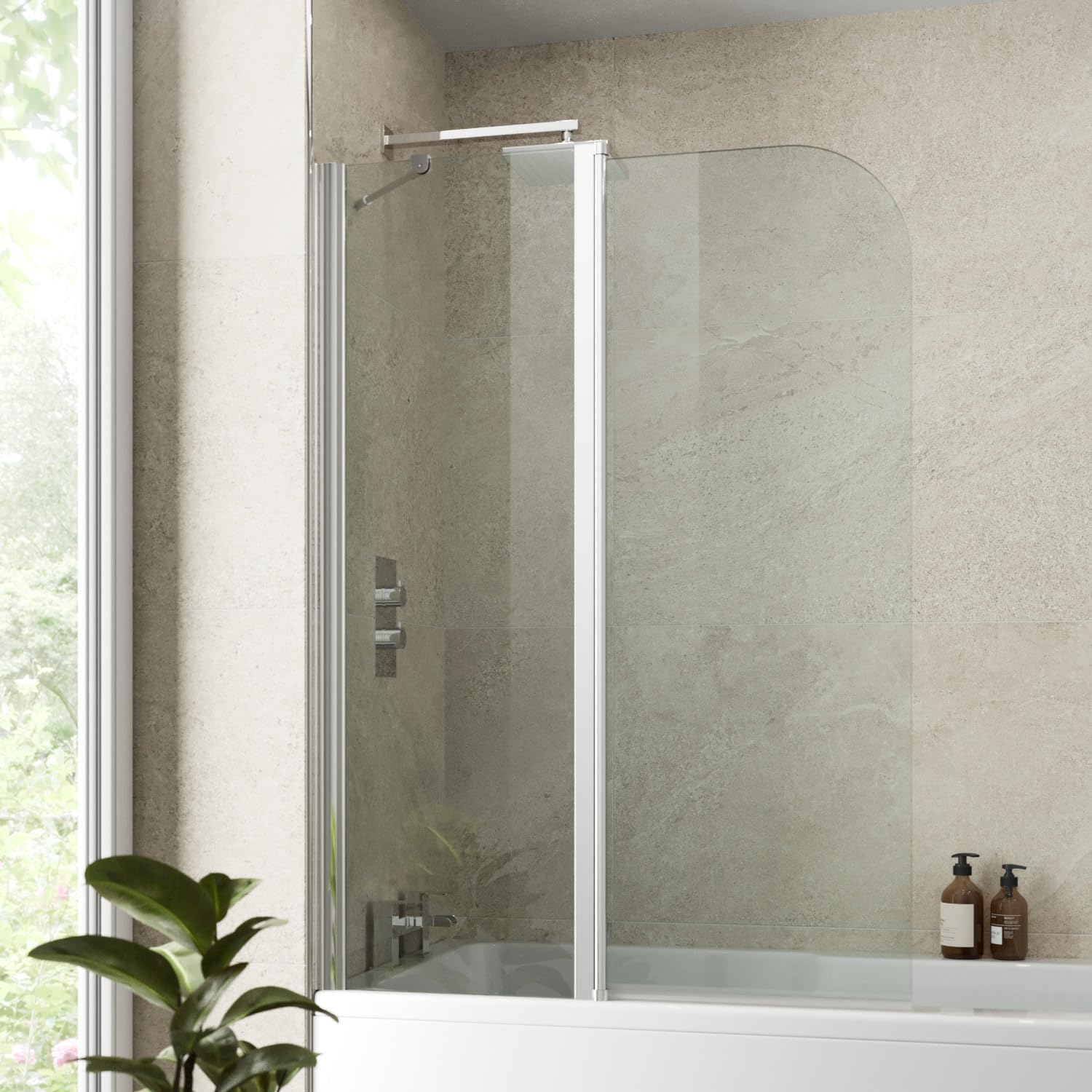 1000 x 1400mm 2 Section Chrome Frameless Over Bath Shower Screen for Bathroom 6mm Clear Toughened Safety Glass Panel 180° Pivot Folding Hinged Splash Guard Panels Screens for Baths Reversible