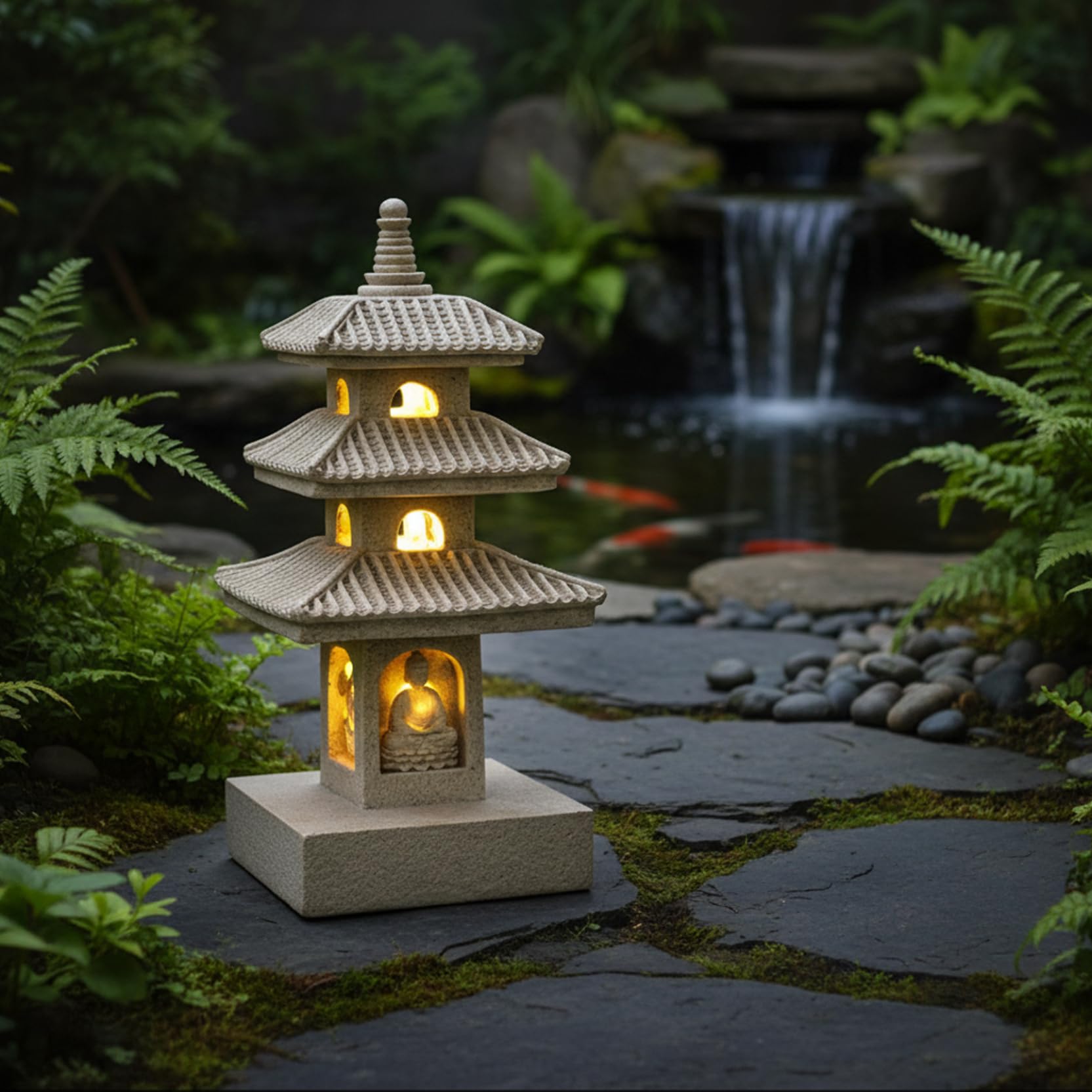 Faticenic Pagoda Garden Statue, 25cm Resin Zen Garden Pagoda Lantern with Solar Light, Outdoor Waterproof Decorative Ornaments Decorations for Backyard Balcony Patio Lawn Yard (Style 2)