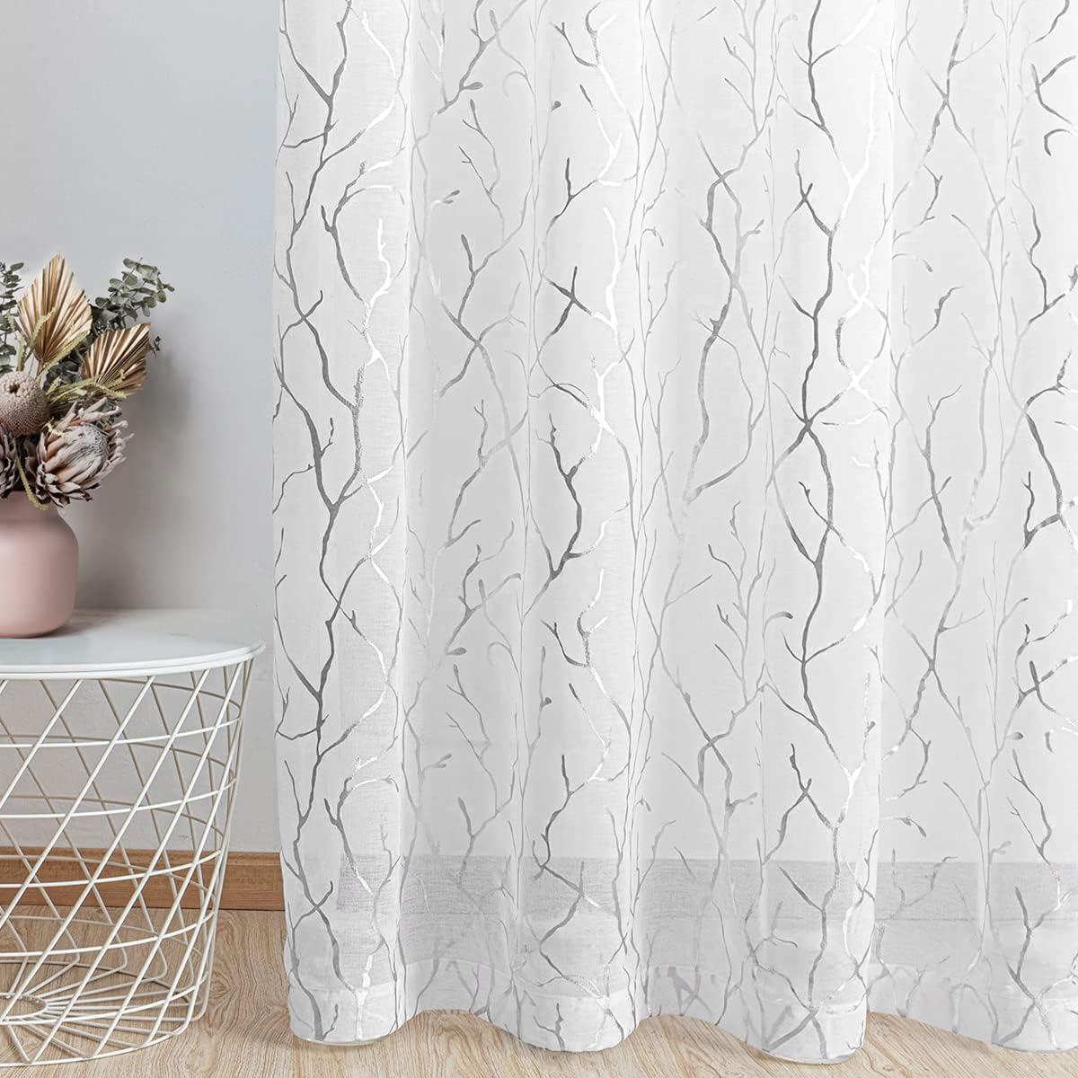 Kotile Silver White Sheer Curtains 63 Inch Length 2 Panels Metallic Silver Foil Branch White Sheer Curtains for Bedroom, Grommet Privacy Curtain 2 Panels, 52 x 63 Inch, 1 Pair, Silver and White