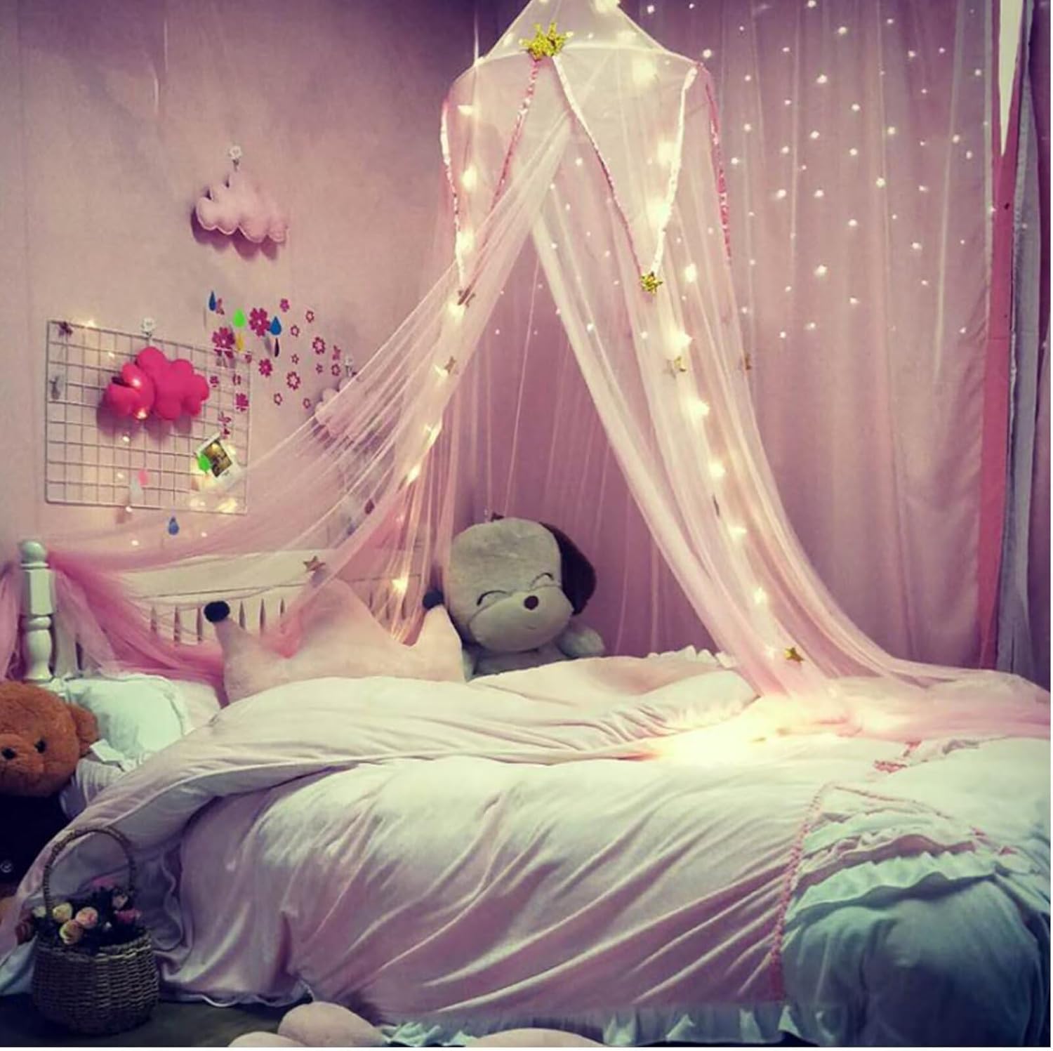 Dome Mosquito Net Crown Star Embellishment Bed Curtain Princess Style Bed Canopy Mosquito Netting For Bedroom, Girl's Room