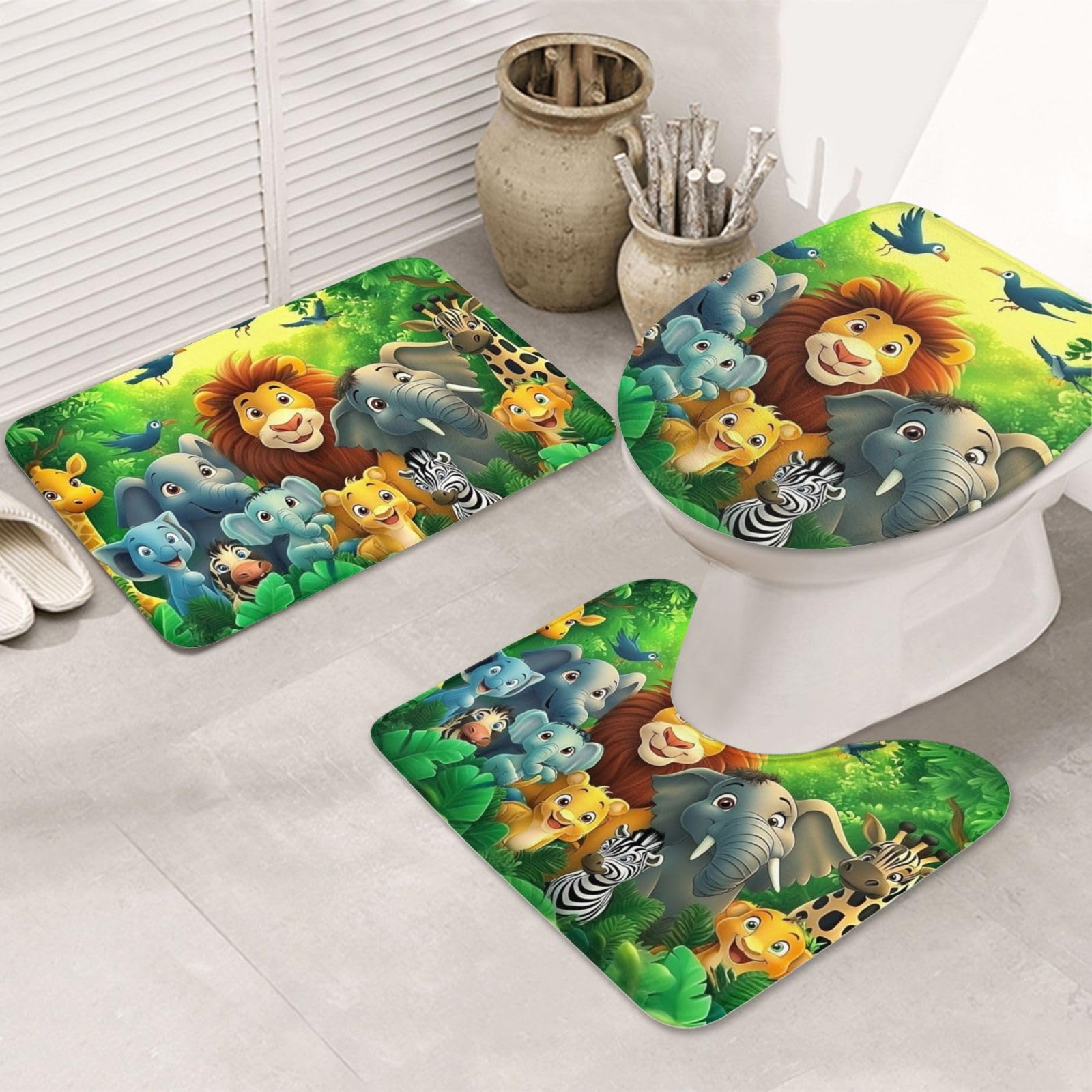 Alfombras de baño infantiles con diseño de bosque animado pack de 3 piezas antideslizantes