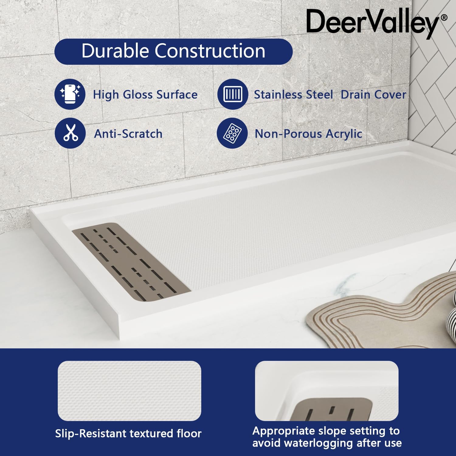 DeerValley 60"L X 32"W Single Threshold Shower Base in White, Stainless Steel Drain and Cover Included, Left Drain Location, Rectangle Acrylic Shower Pan, Non-slip Design