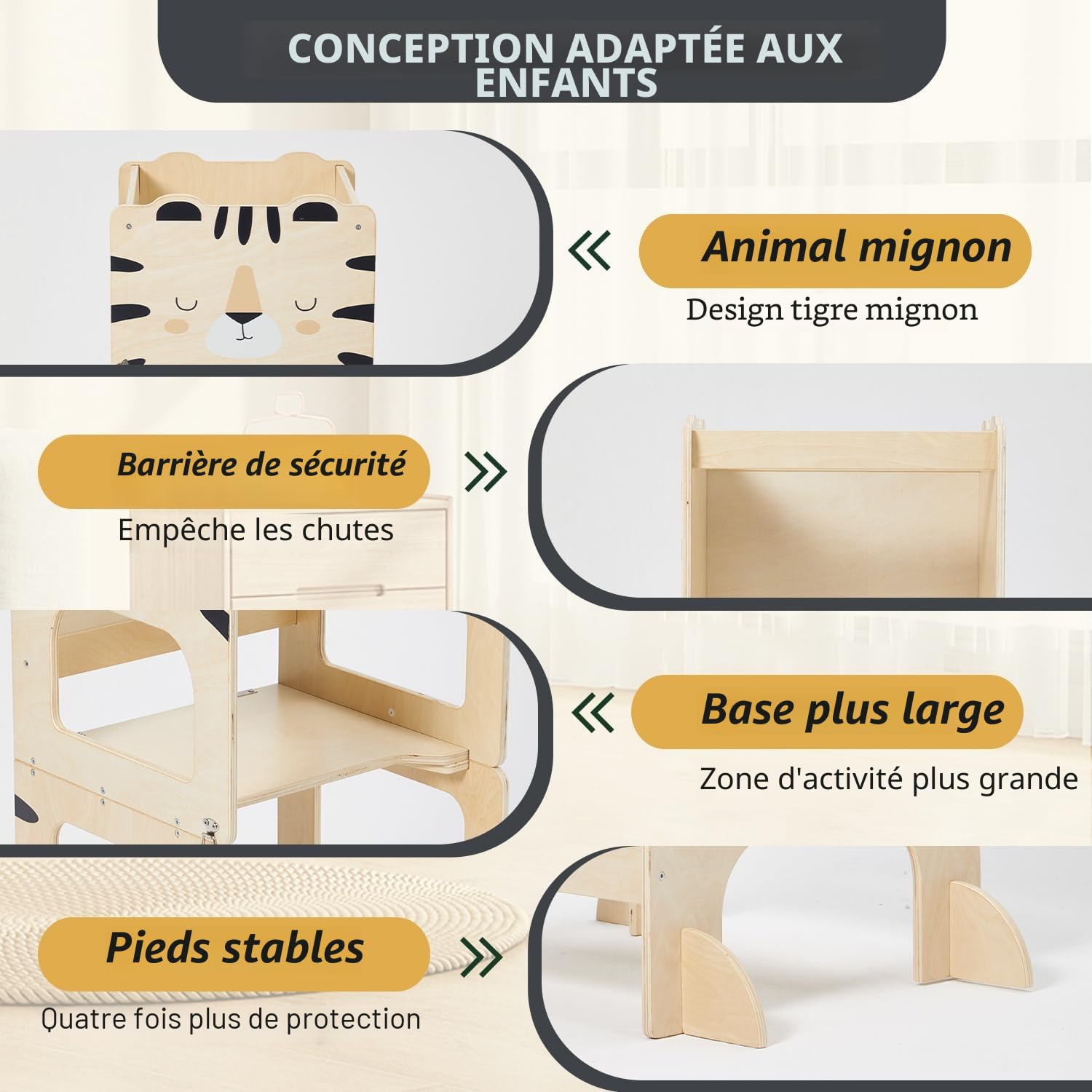Labebe Tour d'Observation Enfant Pliable Montessori Learning Tower 3 en 1 avec Tableau à Dessin - Tigre