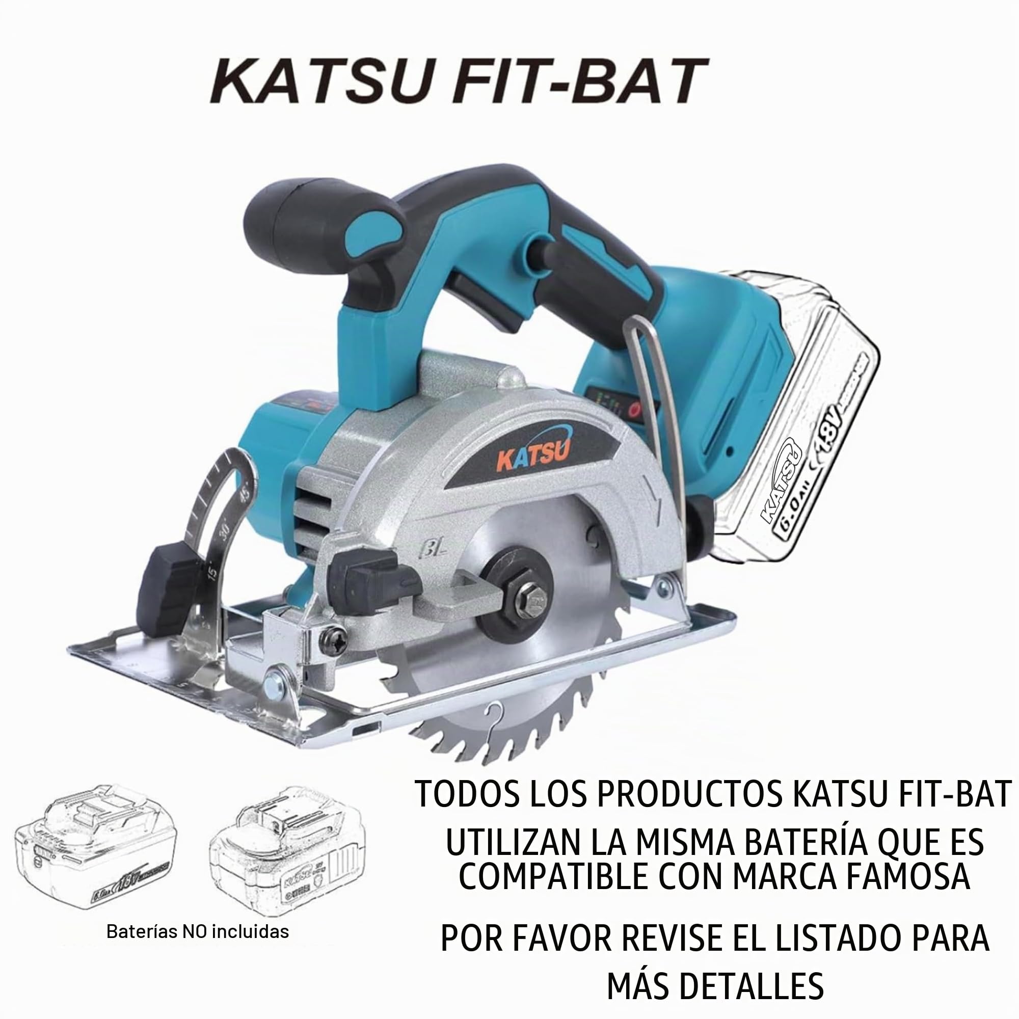 Sierra Circular Inalámbrica KATSU FIT-BAT de 21V, Sierra Circular Eléctrica de 5" con Motor sin Escobillas, 13000RPM, 30mm Profundidad de Corte, Hoja de Corte de 125mm Incluida, sin Baterías