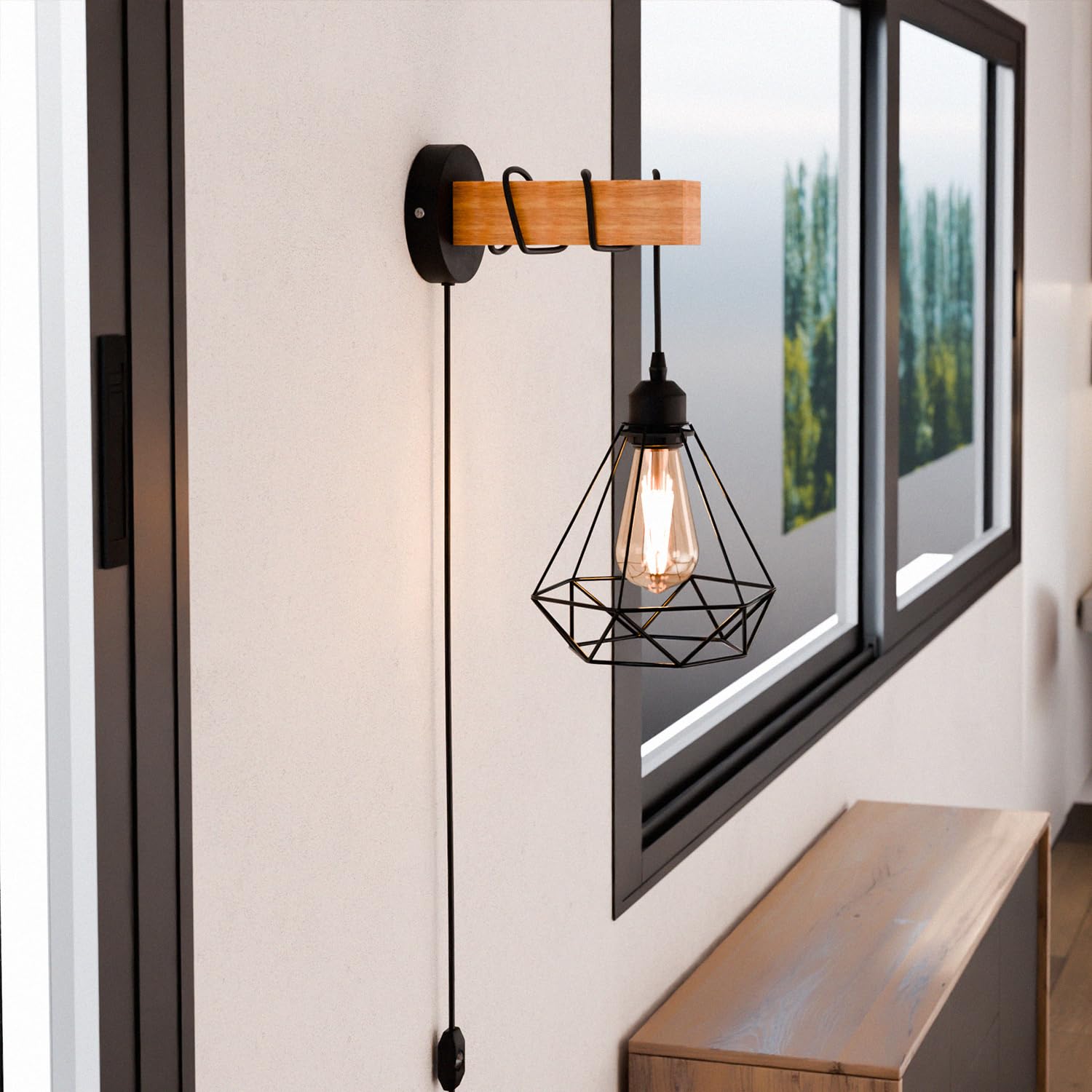 DC VOLTAGE Industrial Wall Lights Plug in Wall Light with Switch Indoor Dimmable Wall Lamp Wood Wall Sconces for Bedroom Living Room Stair Kitchen - Black (Wall Lights 8)
