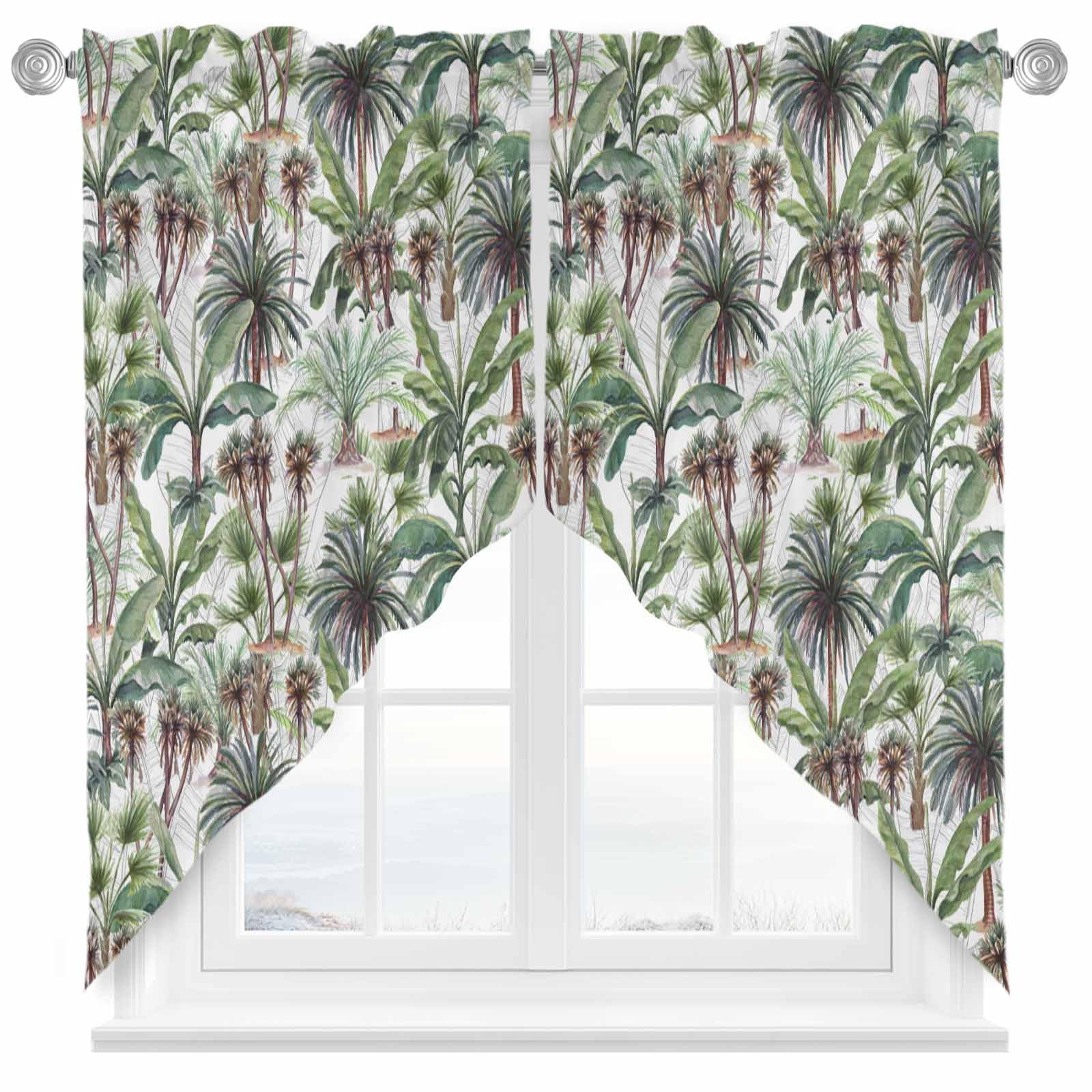 Swag Curtain Valances Green Palm Tree Monstera Leaves Window Treatment Swag Pair Topper Rod Pocket Curtain for Kitchen Cafe Windows Bedroom Bathroom Watercolor Tropical Plant 28"W x 36"L (Pack of 2)