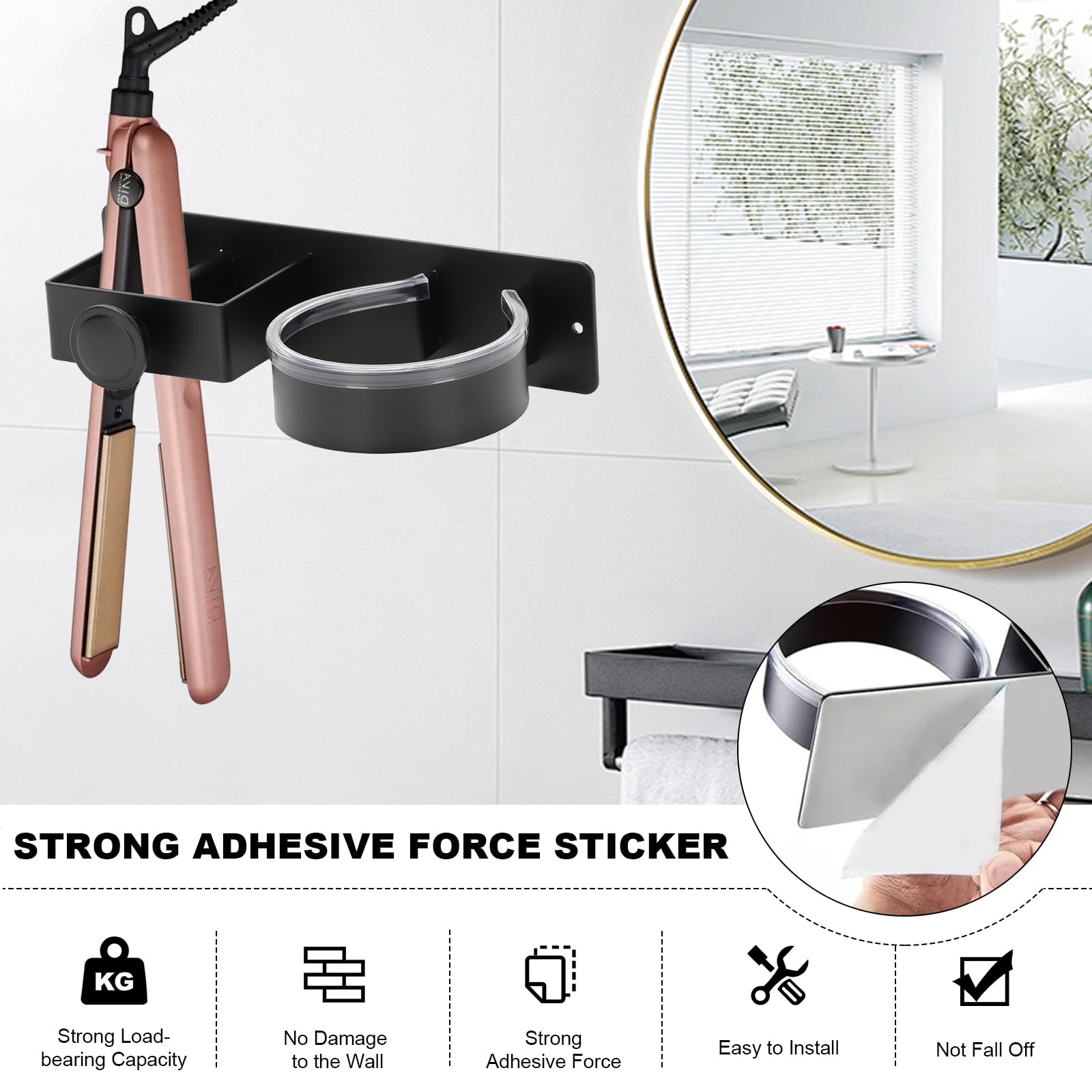 Qivine Support Sèche-Cheveux Mural Sans Percage - Porte Sèche Cheveux Et Lisseur Acier Inoxydable Noir