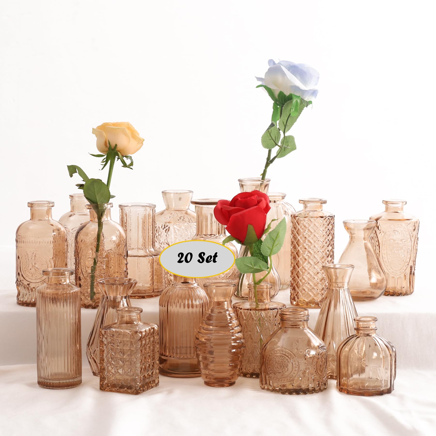 32 Glasvasen Set - Kleine Blumenvasen, Bernsteinfarben, Vintage-Look Für Hochzeit, Tischdeko & Geschenk