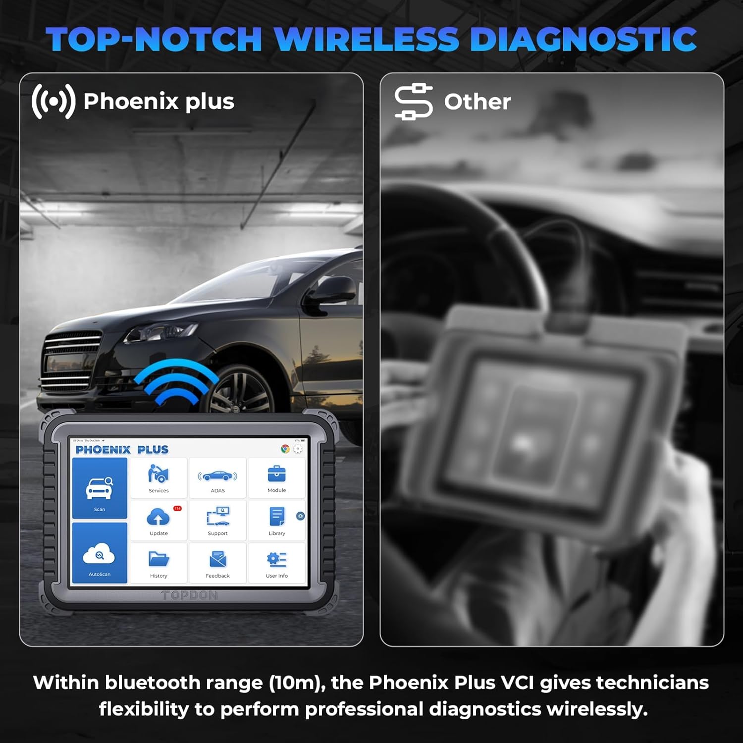 TOPDON Phoenix Plus 2 tablet wirelessly connected to a car via VCI dongle