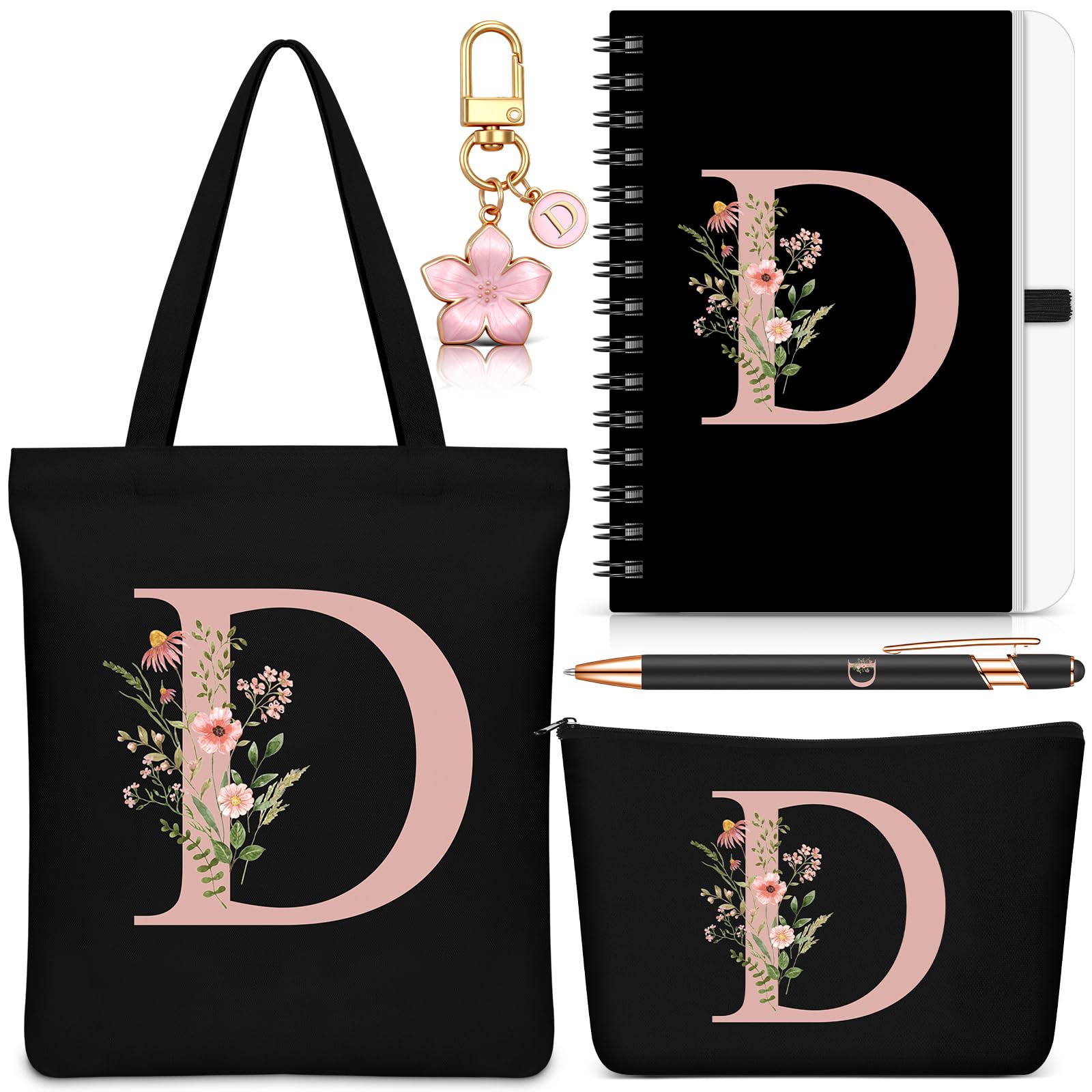 Talltalk 5 Pcs Personalized Tote Bags for Women | Personalized Initial Gift Set, Makeup Bag + Shoulder Bags + Keyring + Notebook + Ballpoint Pen, for School Birthday Christmas