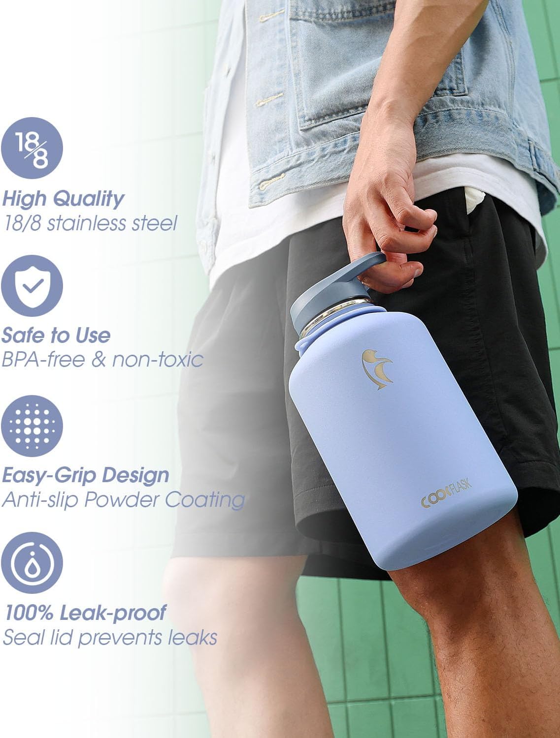 Coolflask 64 oz Water Bottle with Strap, Insulated Half Gallon Large Water Jug with Straw & Spout Lids, Stainless Steel Metal Flask, Keep Cold 48h Hot 24h, Leak Proof & Non-BPA, Dutch Blue - Image 5