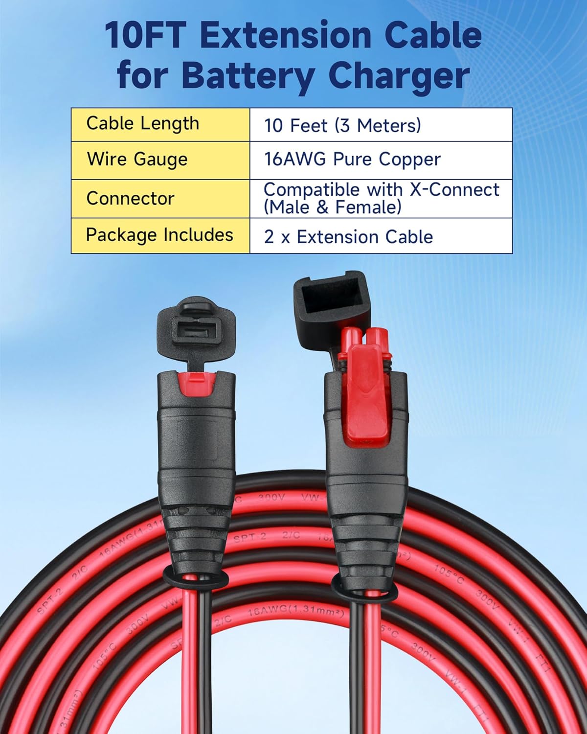 2-Pack 10FT GC004 Extension Cable 16AWG Compatible with NOCO Genius Smart Battery Chargers, X-Connect Connector Accessory for GENIUS1 GENIUS2 G750 G1100 G3500