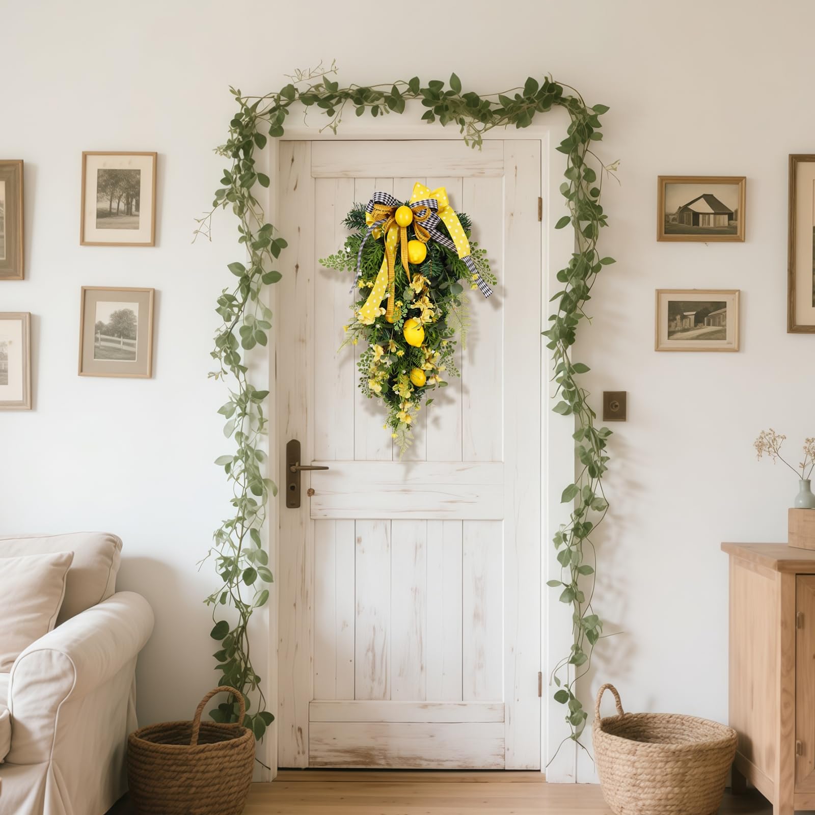 Ghirlanda di limoni primaverili, decorazione artificiale da appendere con fiori, compatibile con luci a batteria, decorazione per interni ed esterni, giallo e verde, 15.8 x 27.6 in / 40 x 70 cm
