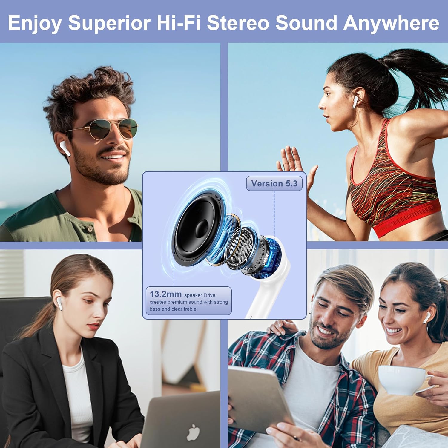 Wireless Earbuds Bluetooth 5.3, Bass Stereo in Ear Headphones with Mic 48H Playtime LED Display (White)