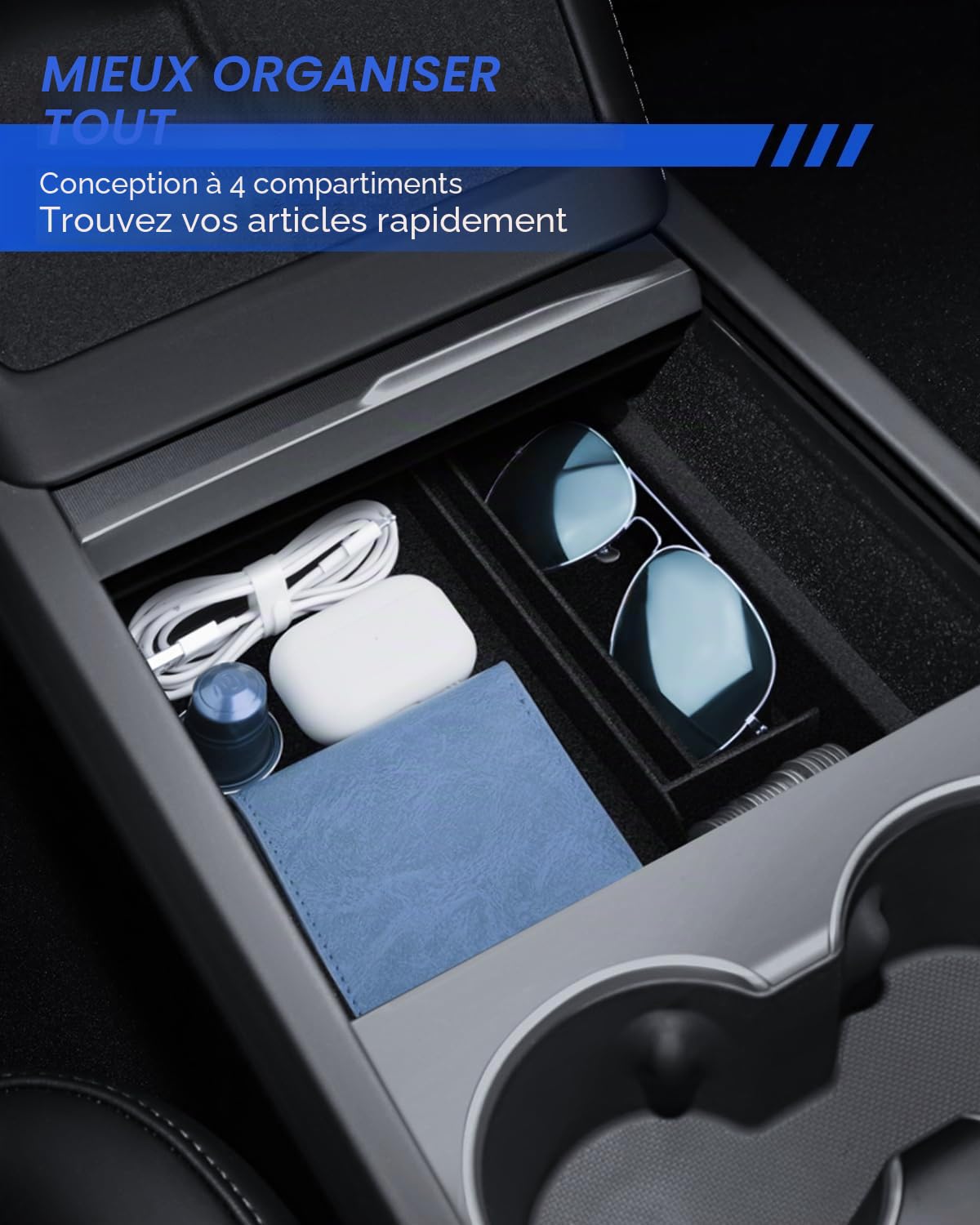 Organisateur de Console Centrale pour Tesla Model Y 2025-2026 et Model 3 2024-2026 Boîte de Rangement avec Matériau Flocké Haut de Gamme Tesla Juniper Highland Accessoires