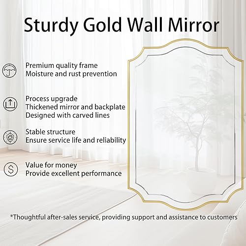 Miniatura 3 de POZINO Espejo de baño dorado, espejo rectangular moderno de 24 x 36 pulgadas para sobre el fregadero, espejos festoneados con marco de madera,