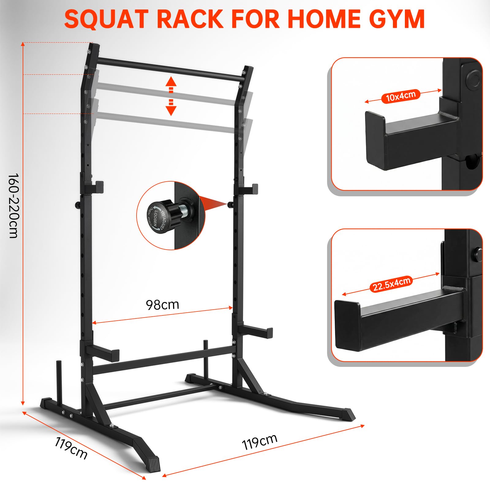 Power Cage Squat Rack Belastbar, Kraftturm Multifunktionales Power Rack für Home Gym Dip Stange, Verstellbarem J-Haken & Sicherheitsstangen für Klimmzüge mit Langhantel