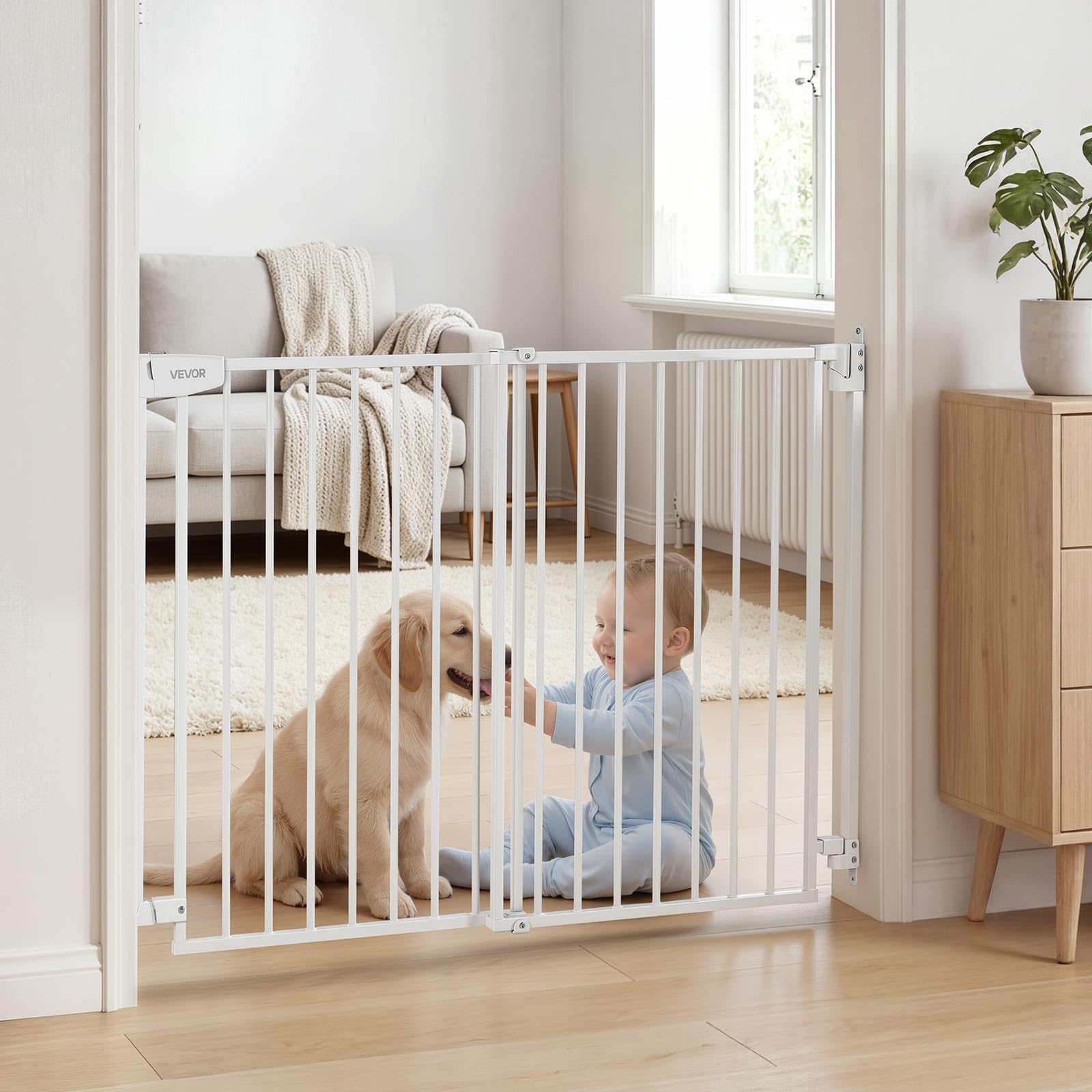 VEVOR Barrera de Seguridad para Niños, Alto de 760 mm, Ajustable de 778-1210 mm, Valla de Seguridad para Mascotas, Cierre Automático Apertura 180° Bloqueo Doble, Kit de Instalación, para Escaleras