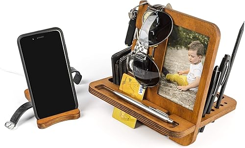 Miniatura 8 de Estación de acoplamiento de madera para teléfono, organizador de mesita de noche para hombres, soporte para reloj y tableta, soporte para reloj de