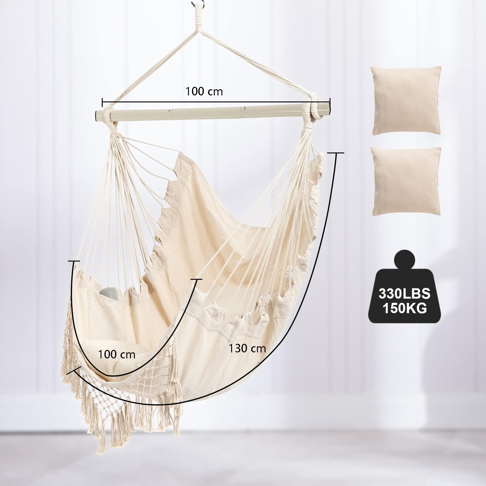 Chaise hamac, siège Suspendu avec 2 Coussins, Chaise Suspendue en macramé avec Poche latérale et Tige métallique à Haute capacité de Charge, pour l'intérieur et l'extérieur.