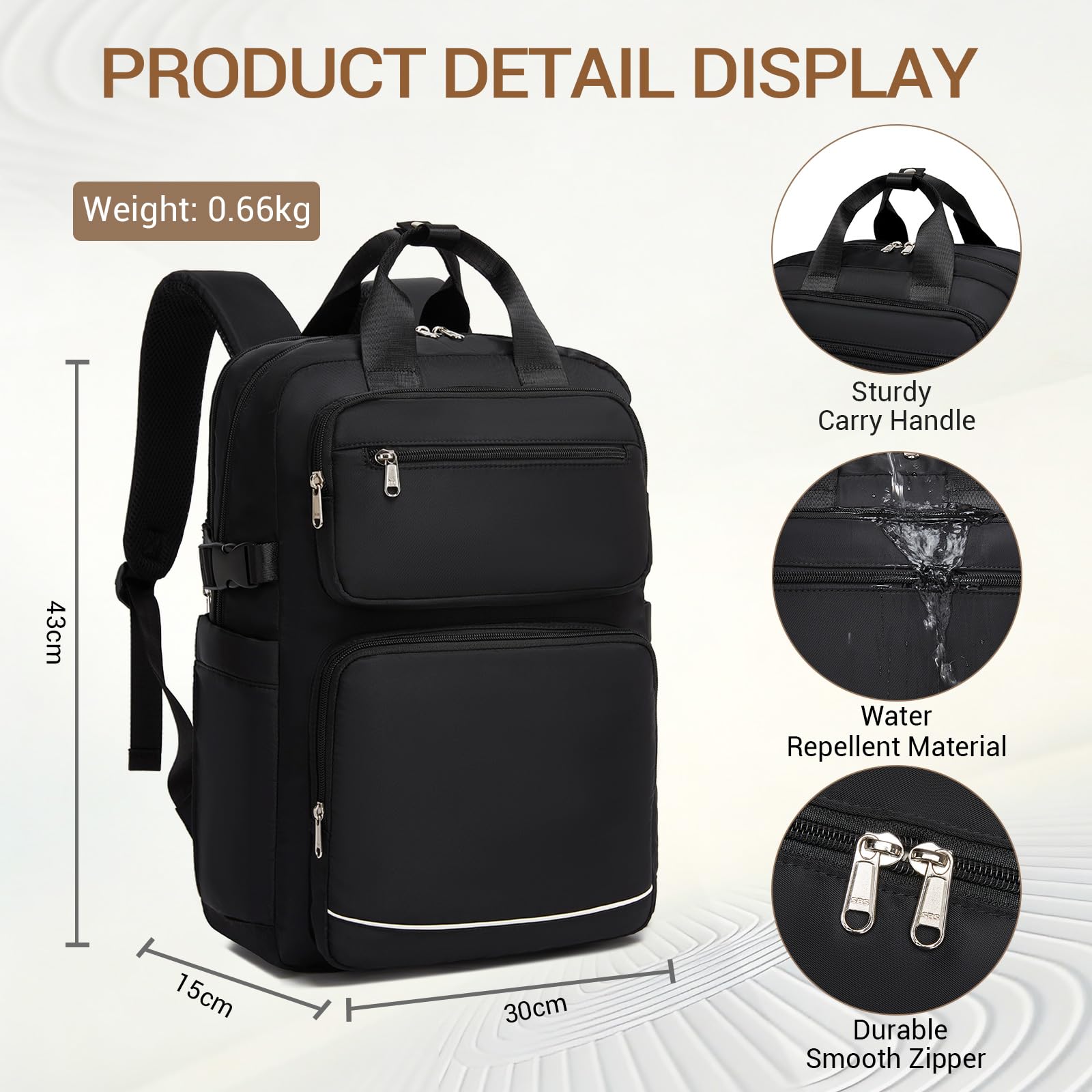 KONO Zaino Donna Porta PC 15,6 Pollici, Impermeabile e Grande Capacità con Tasca Porta Borraccia, Zaino Antifurto per PC Portatile, per Lavoro, Università e Viaggio (Nero)