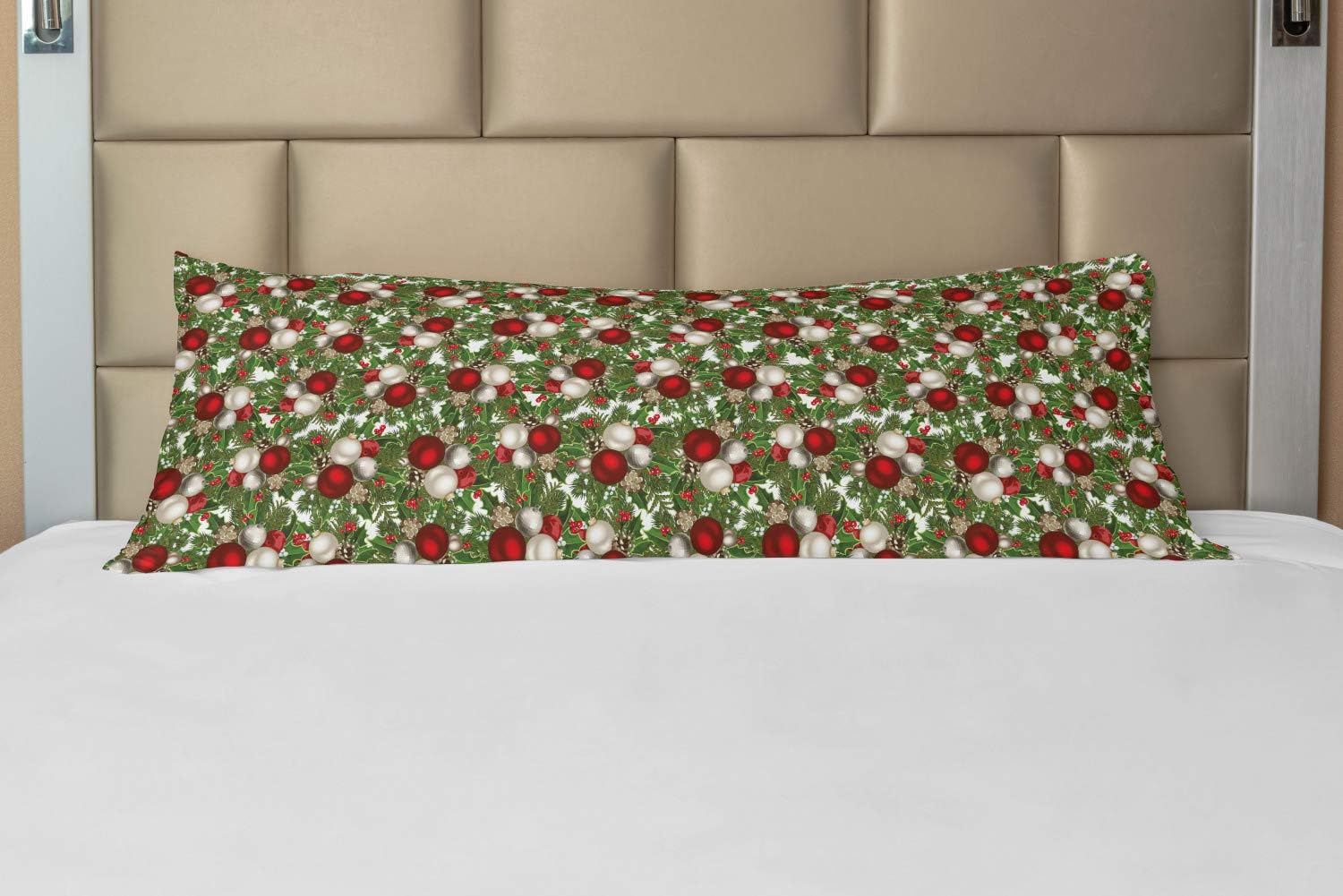 Ambesonne Christmas Body Pillow Case Cover with Zipper, Pine Fir Cones Balls and Coniferous Tree Leaves Holly Berry Old Fashioned, Decorative Accent Long Pillowcase, 21" x 54", Red Green Grey
