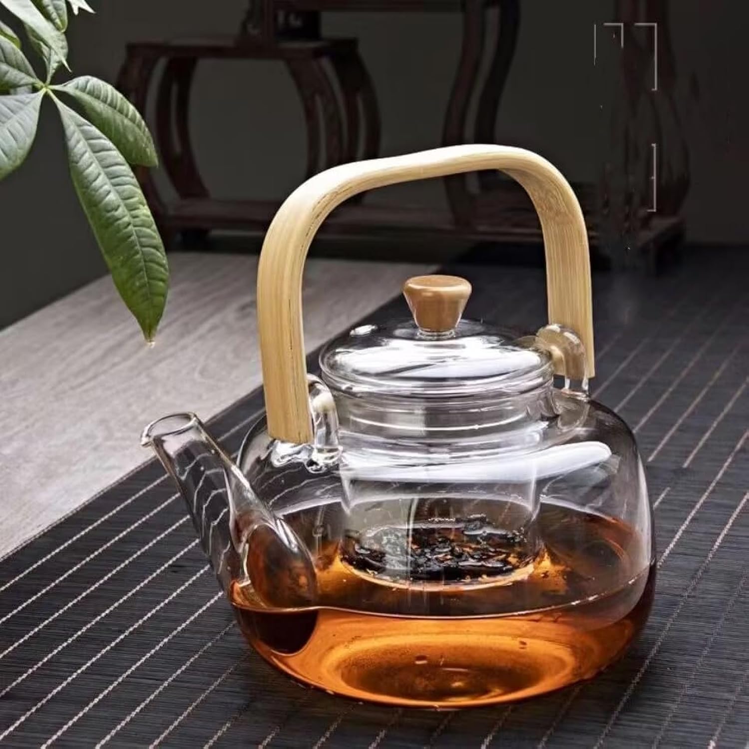1L Borosilicate Glass Teapot Stovetop safe ，Loose Leaf and Blooming Tea Maker, Christmas GiftGlass Tea Kettle with Wooden Handle,Large Size for Women and Adult (clear)